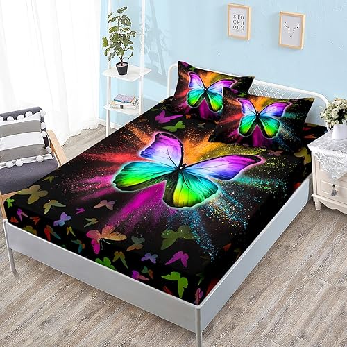 HOSIMA Juego de sábanas bajeras de mariposa colorida, ropa de cama de tela decorativa suave con bolsillo elástico en todo el contorno, sábana bajera