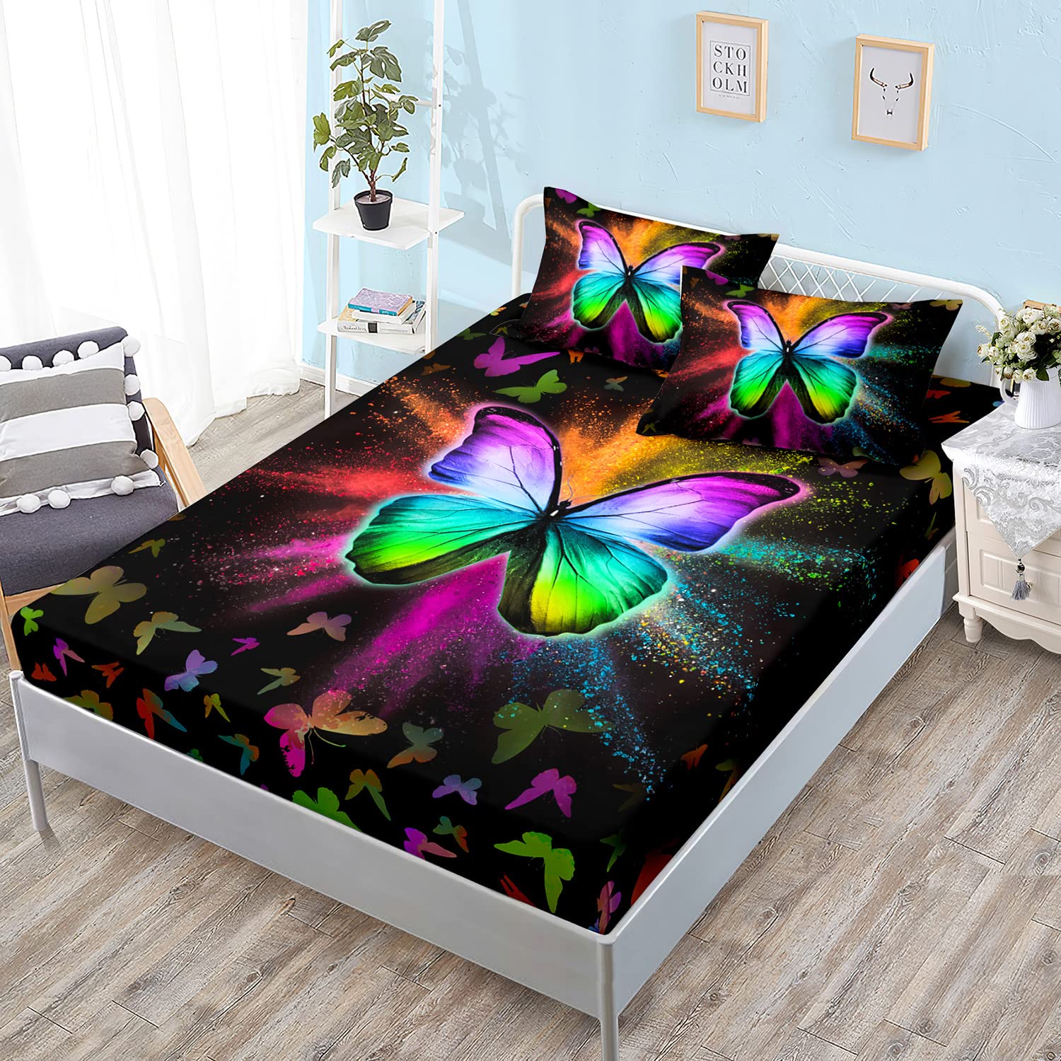 HOSIMA Colorful Butterfly Fitted Sheet Sets Soft Decorative Fabric Bedding All-Round Elastic Pocket Black Twin Fitted Sheet Colorful