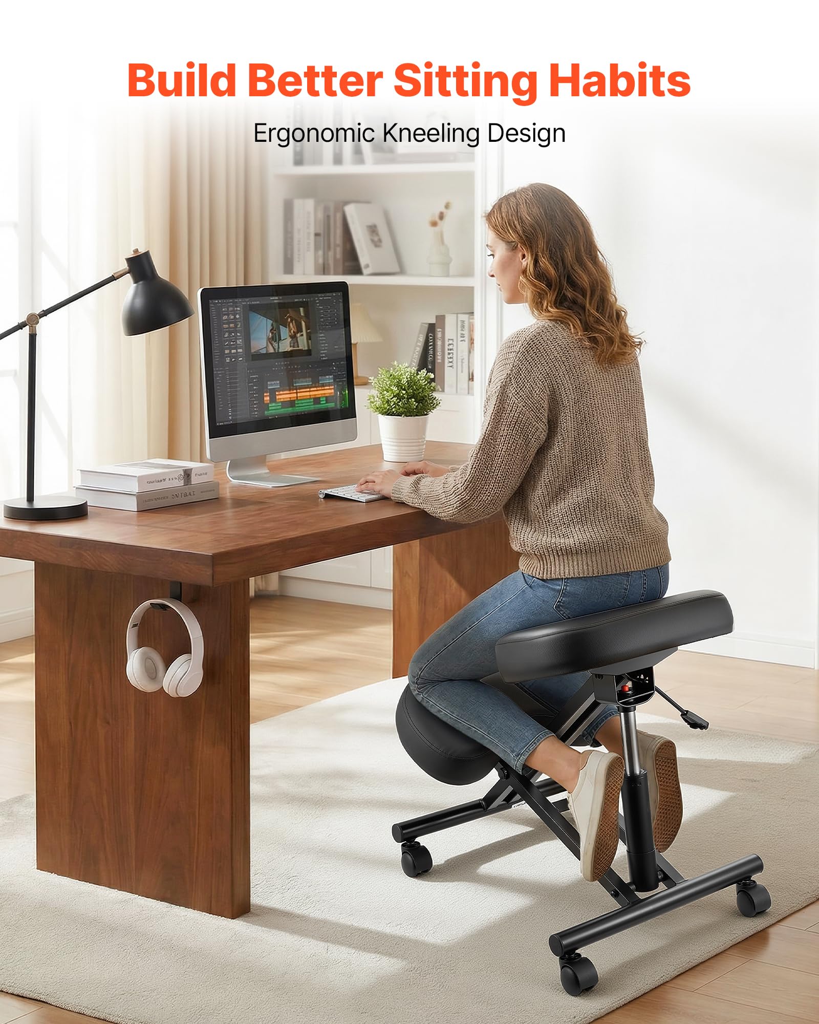 VEVOR Ergonomischer Kniehocker mit Rollen, Mobiler Höhenverstellbarer Kniestuhl in X-Form mit Dicken Schaumstoffpolstern, zur Entlastung von Nacken & Rücken, für Zuhause, Büro & Meditation, Schwarz
