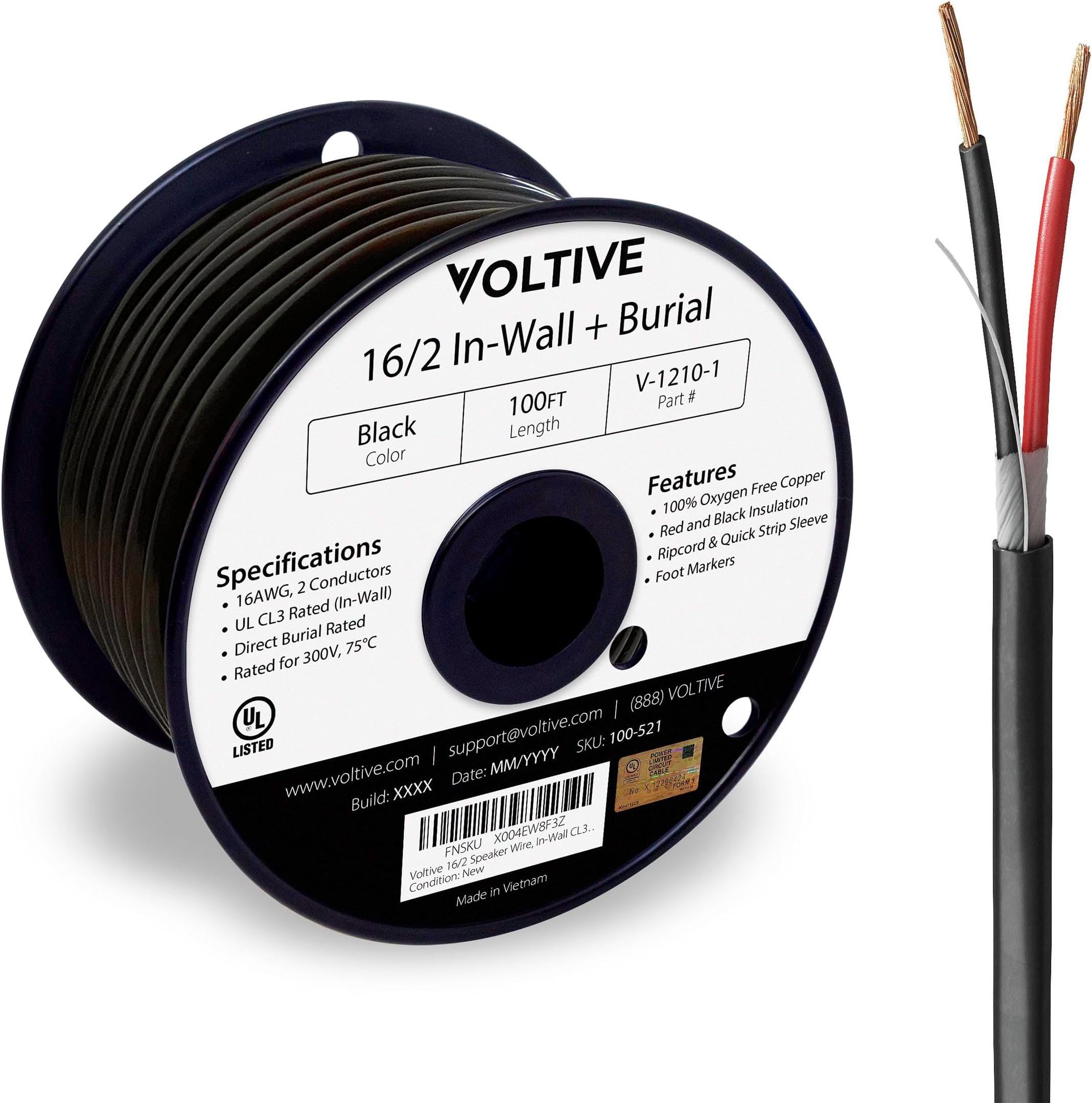 16/2 Speaker Wire, in-Wall CL3 & Direct Burial, Black, 100ft - 16AWG, 2 Conductors, Stranded Oxygen-Free Copper, UL Listed - V-1210-1