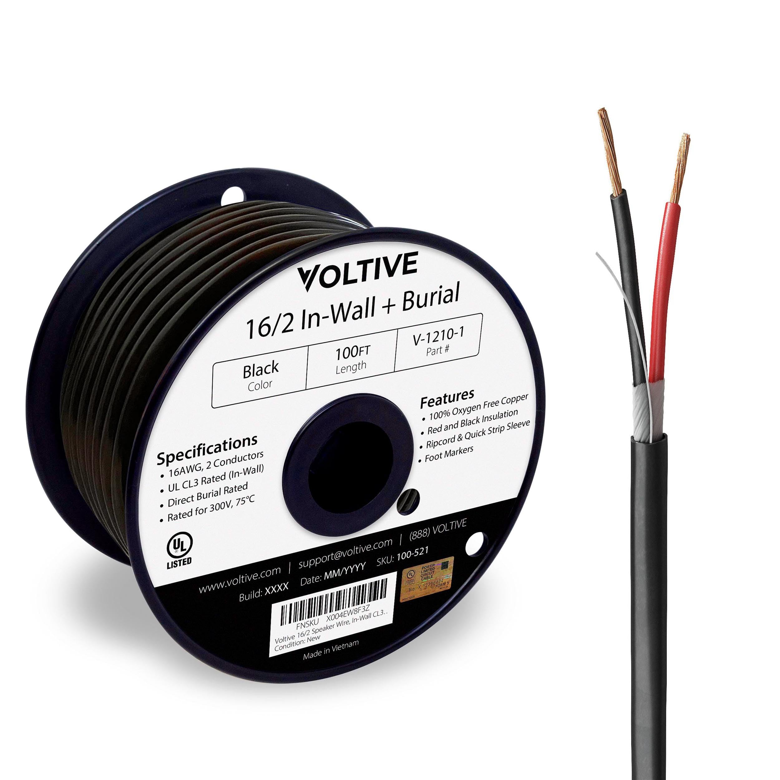 Voltive 16/2 Speaker Wire, in-Wall CL3 & Direct Burial, Black, 100ft - 16AWG, 2 Conductors, Stranded Oxygen-Free Copper, UL Listed - V-1210-1