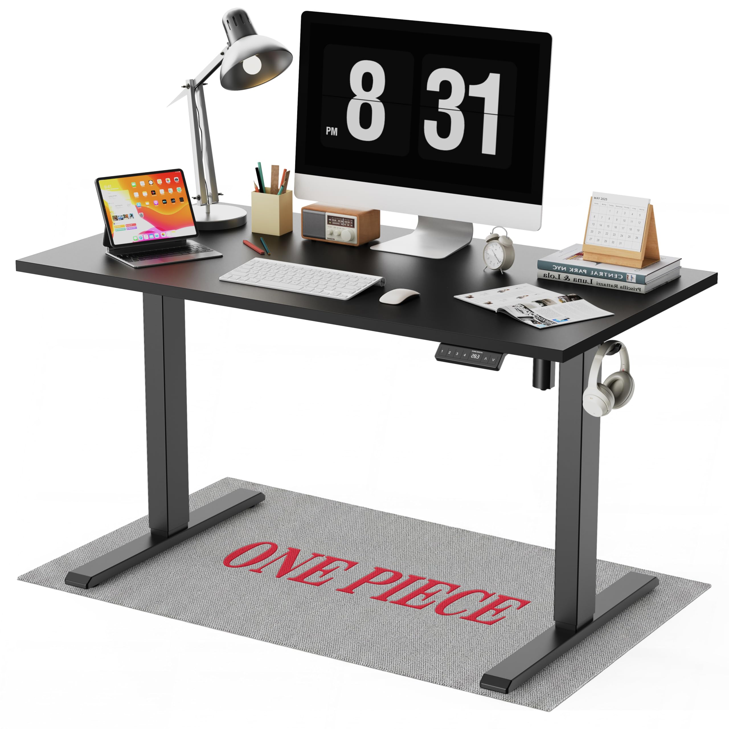 WALKINGDESK ONE PIECE Electric Standing Desk, 120 x 60 cm Height Adjustable Desk with Hooks, Computer Desk with 4 Memory Smart Pannel, Ergonomic Sit Stand Table for Home Office, Black