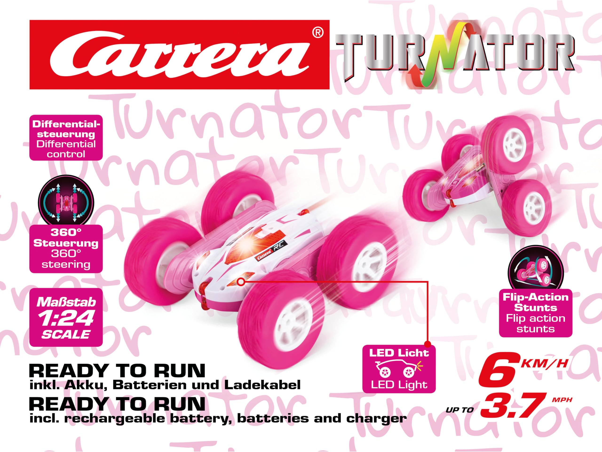 Carrera RC 2,4 GHz Mini Turnator Pink I zdalnie sterowany samochód od 6 lat I elektryczny mini samochód z pilotem zdalnego sterowania, akumulatorem i bateriami I zabawka dla dzieci i dorosłych do