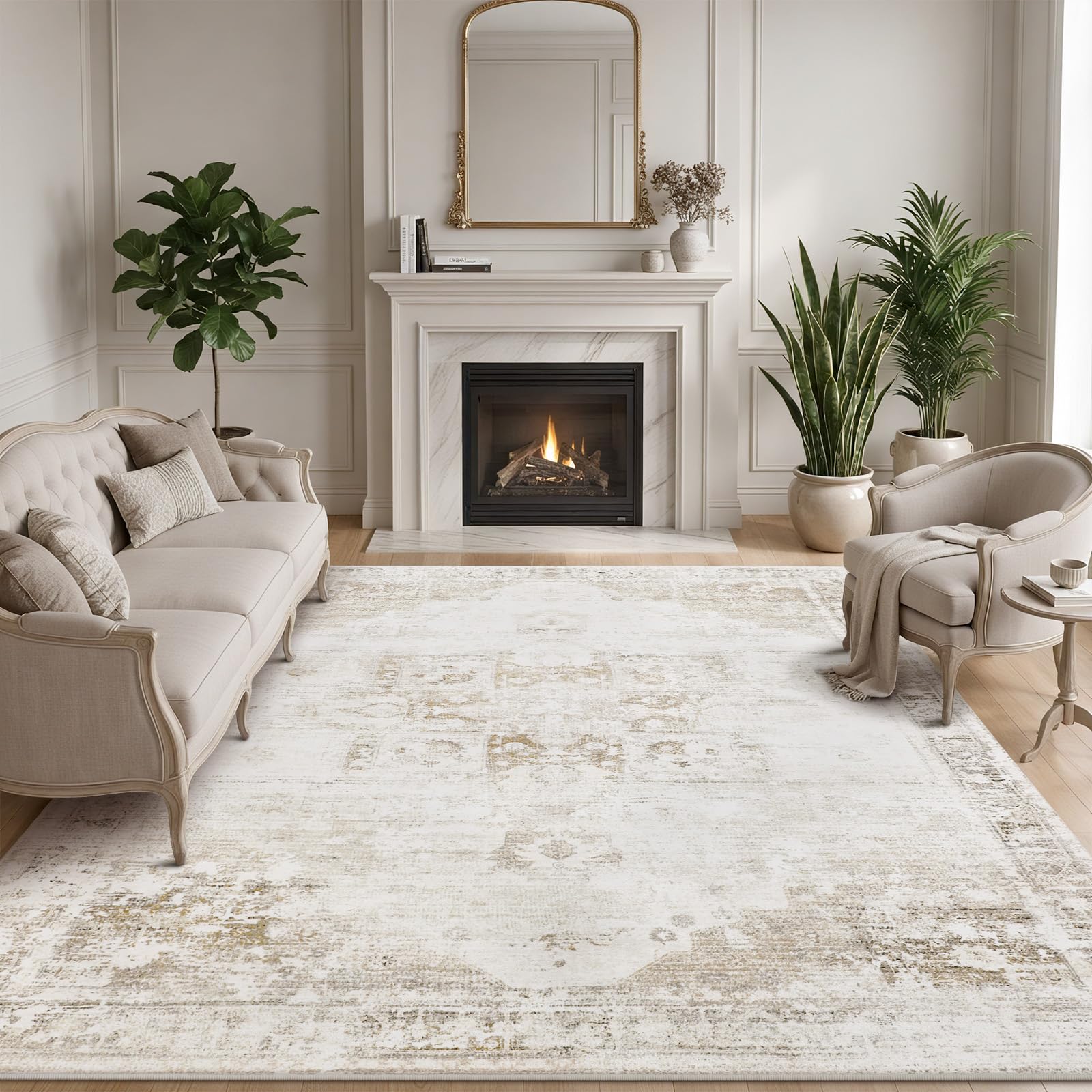 Sour Lemon Orientalischer Vintage Teppich Wohnzimmer 160X230cm Beige Carpet | Persischer Rug Retro Boho Kurzflor Flauschig Waschbar Großer Teppiche Gegend Modern Rutschmatte Für Schlafzimmer Esszimmer