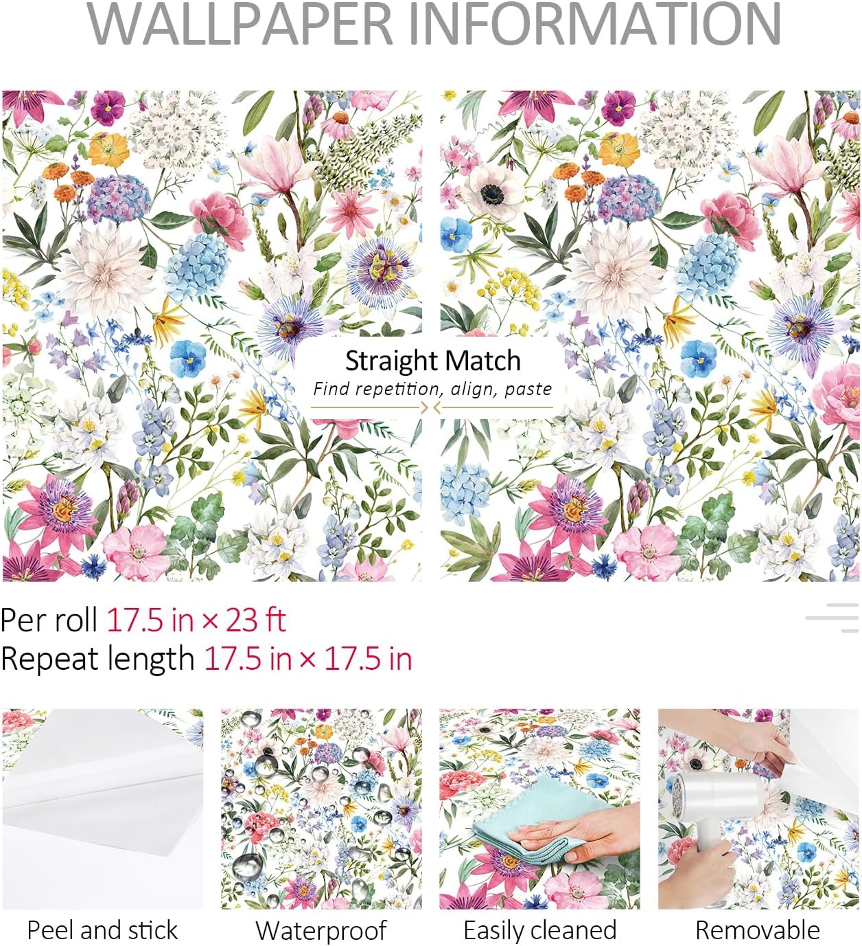 ReWallpaper 15.8inx23ft Pastel Pink Blue Floral Peel and Stick Wallpaper Cottage Core Peony Lily Daisy Poppy Flowers Self Adhesvie Wall Covering for Girls Room Living Room Bedroom Laundry Room Accent