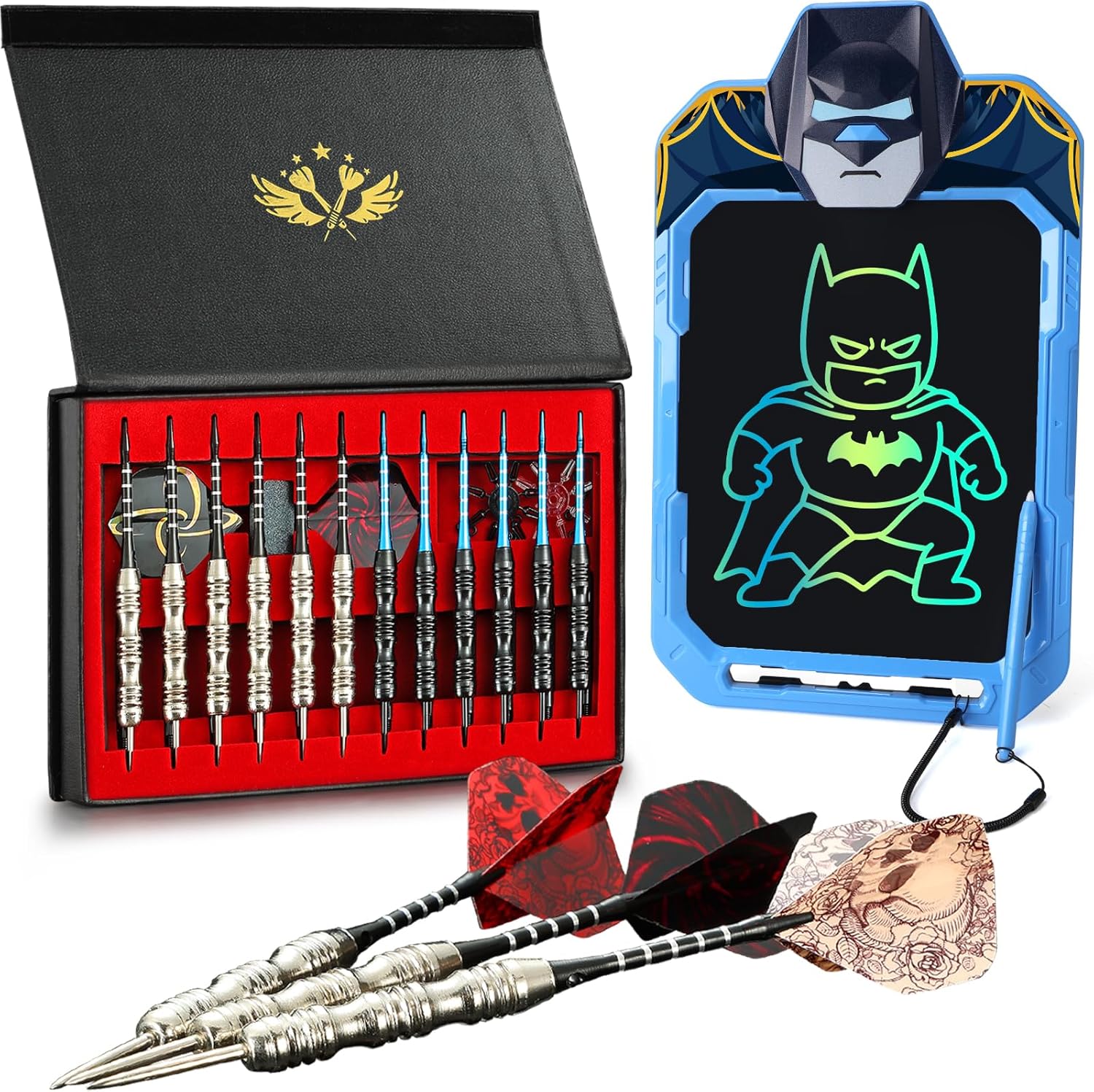 Darts 12 Pack Set Steel Tips & LCD Writing Tablet for Kids 10 Inch Bat Hero Drawing Board with Lanyard Doodle Board Travel Toy Birthday Gift with Dart Shafts + Flights + Darts Sharpener + Gift Box