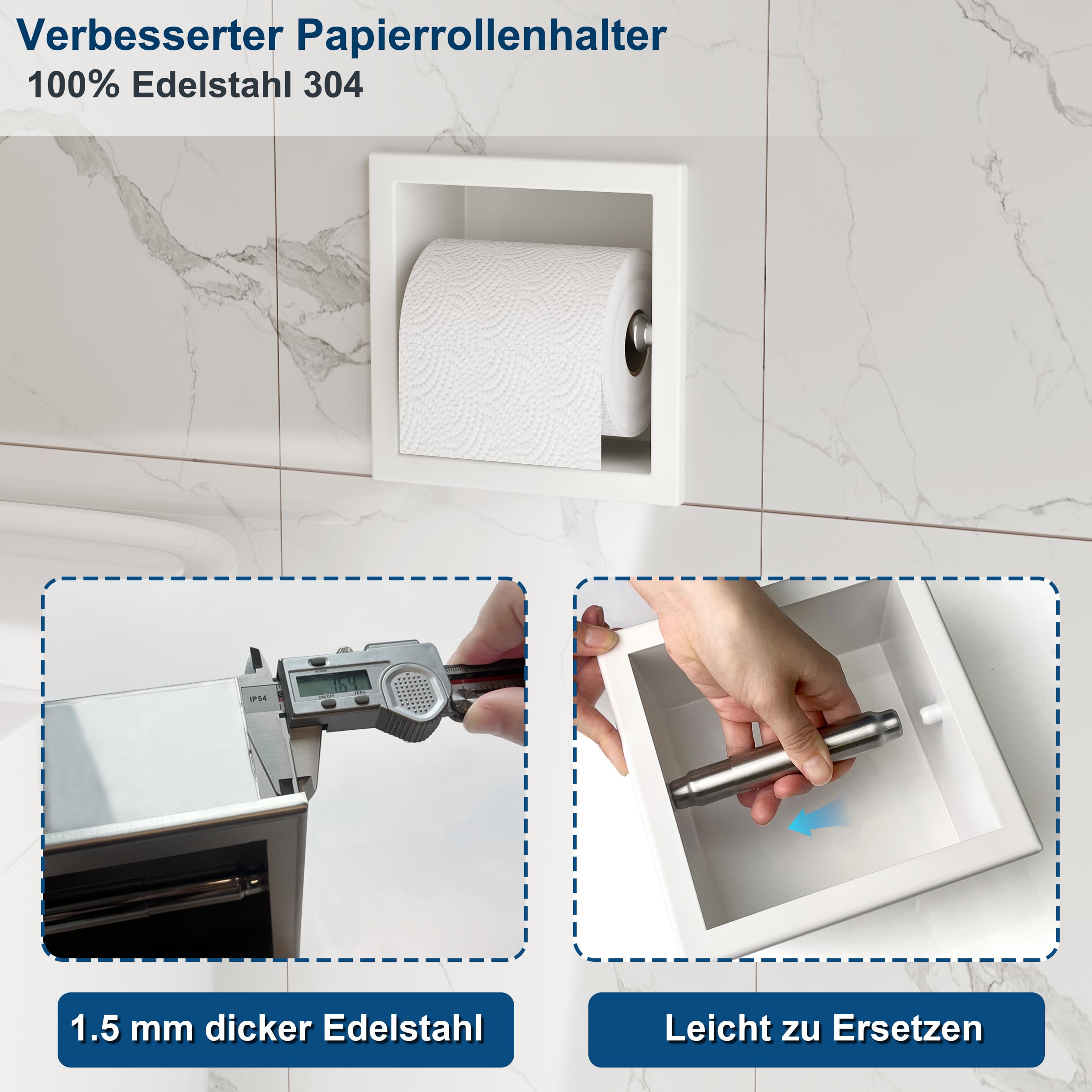 Neodrain Flush Mounted Toilet Roll Holder Stainless Steel Toilet Roll Holder Wall Mounted Paper Holder for Bathroom White - Image 3