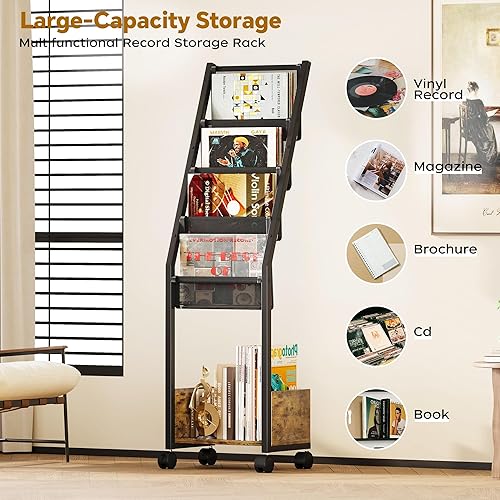 Miniatura 5 de Homeiju Almacenamiento de discos de vinilo, soporte para discos de 4 niveles con soporte de vinilo con estante de exhibición con capacidad para