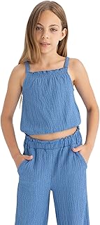 بلوزة رياضية منسوجة بقصة مريحة بدون أكمام للبنات بنمط لاستيكلي من ديفاكتو، موديل C5729A8