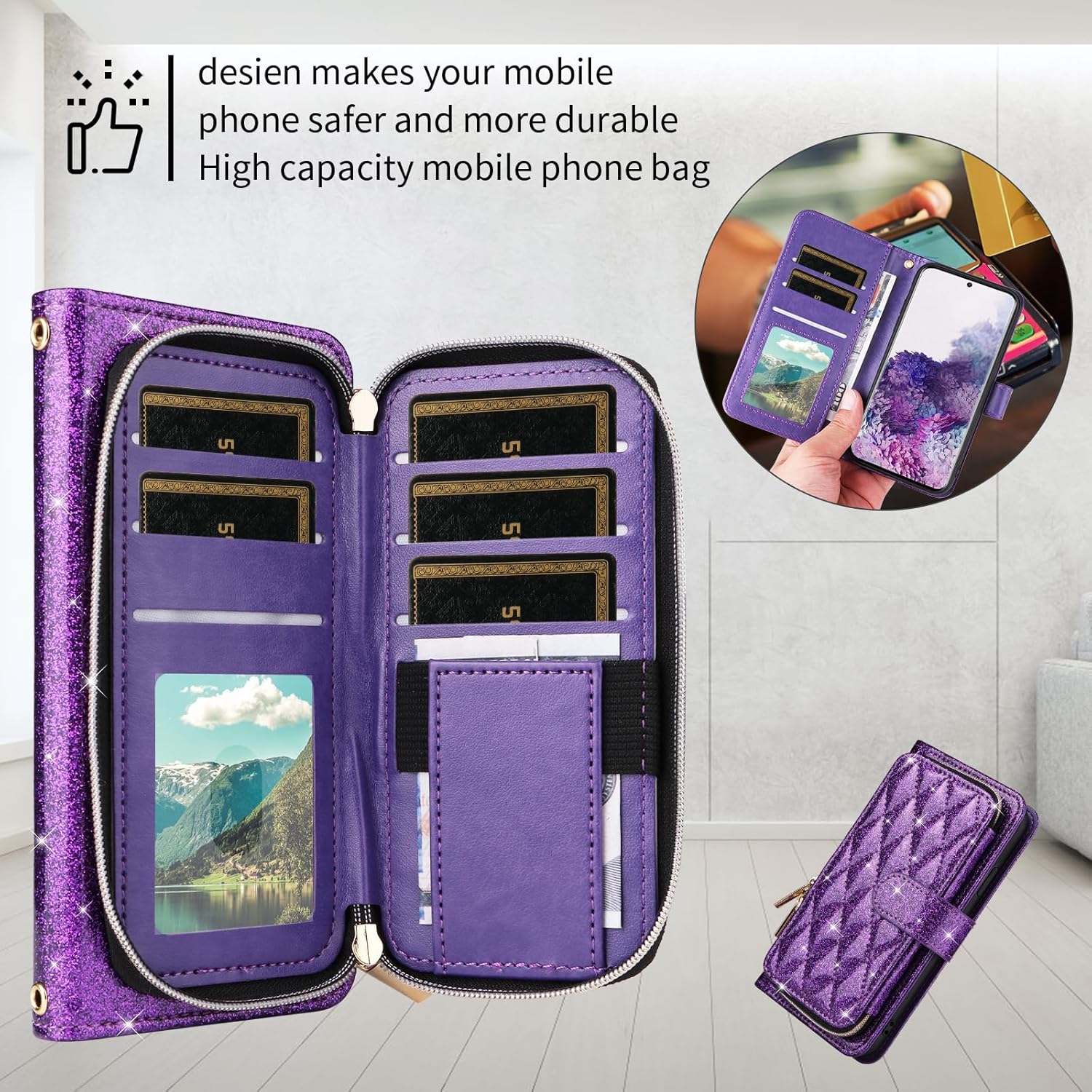 Wallet Case for Samsung Galaxy S20 5G 6.2inch with Wrist Strap, Crossbody Shoulder Strap, Luxury PU Leather Stand Cell Phone Cover with 9+ Card Slots for S 20 20S UW S2O G5 Girls Women Purple