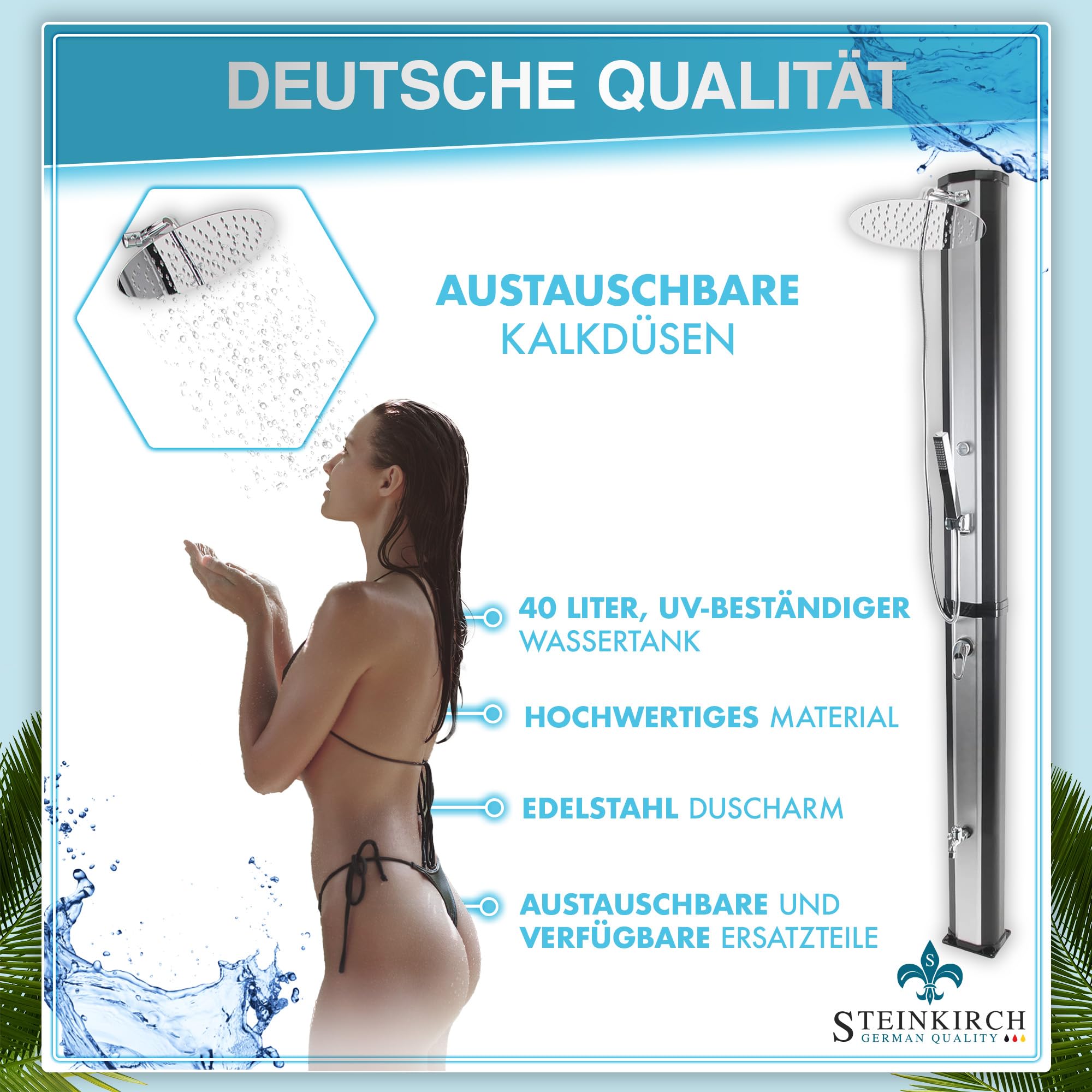 Solardusche Gartendusche Aussendusche Edelstahl Campingdusche 40l Outdoor Dusche Warmwasser Gartensolardusche Winterfest Handbrause Wasserhahn Thermometer XL Regenduschkopf 30 cm