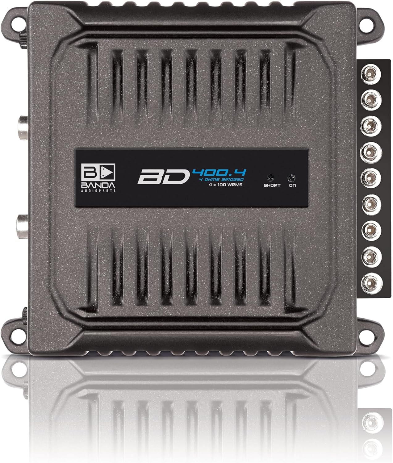 Front view of Banda Audioparts BD400.4 amplifier showing RCA inputs, gain controls, and crossover switches.