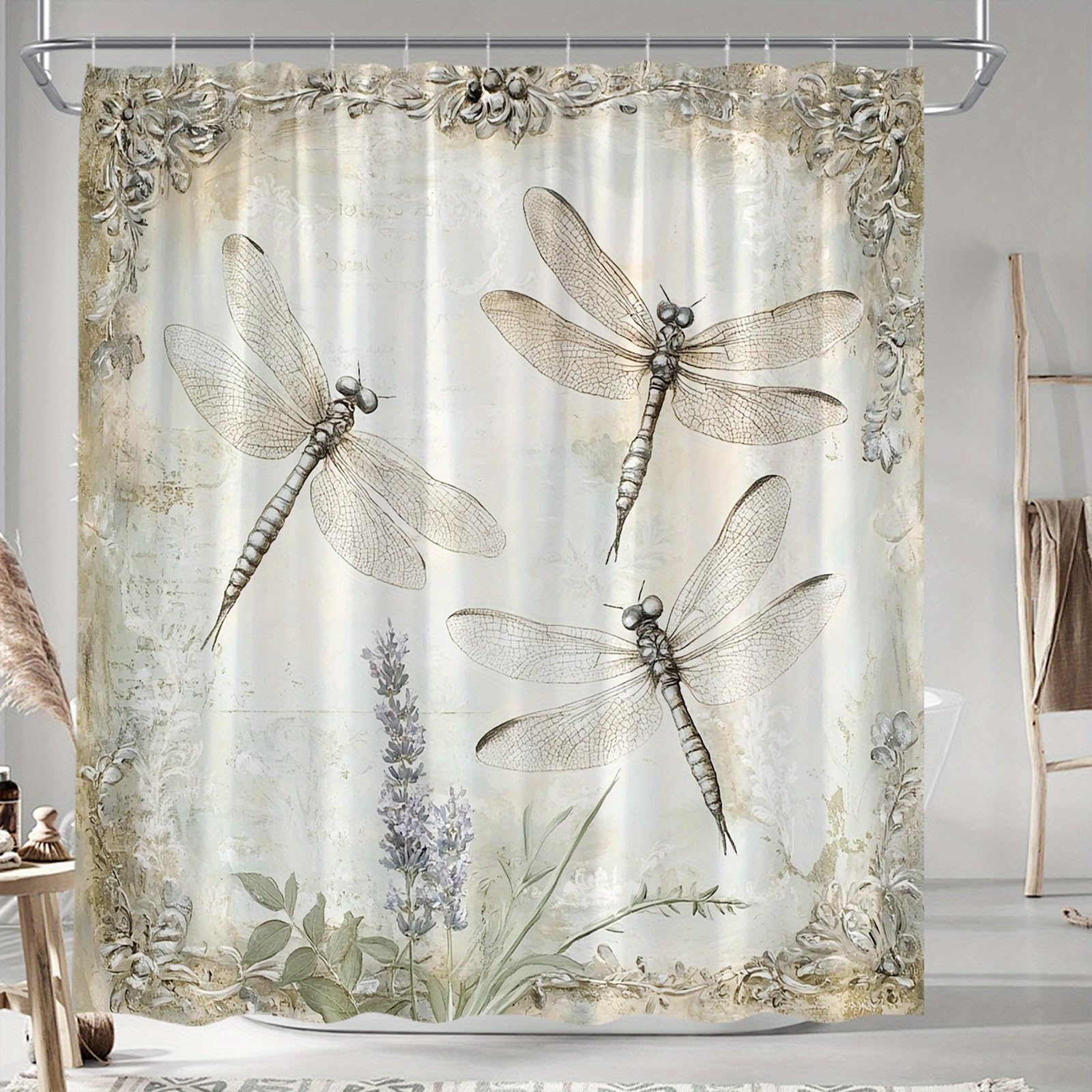 GLKSDLPO 1pc a Vintage Shower Featuring Dragonflies And Lavender Flowers Showcasing an Vintage Botanical Design Includes 12 Hooks(120x200cm/47x79in(WxH))