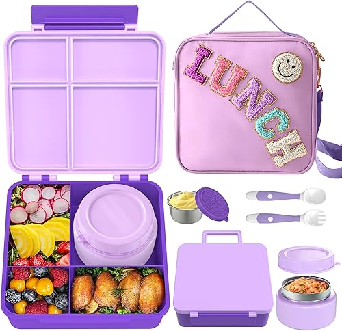 Lonchera Bento para niños con termo de sopa de 8 onzas, recipientes de comida a prueba de fugas para niños con 4 compartimentos, tarro de comida