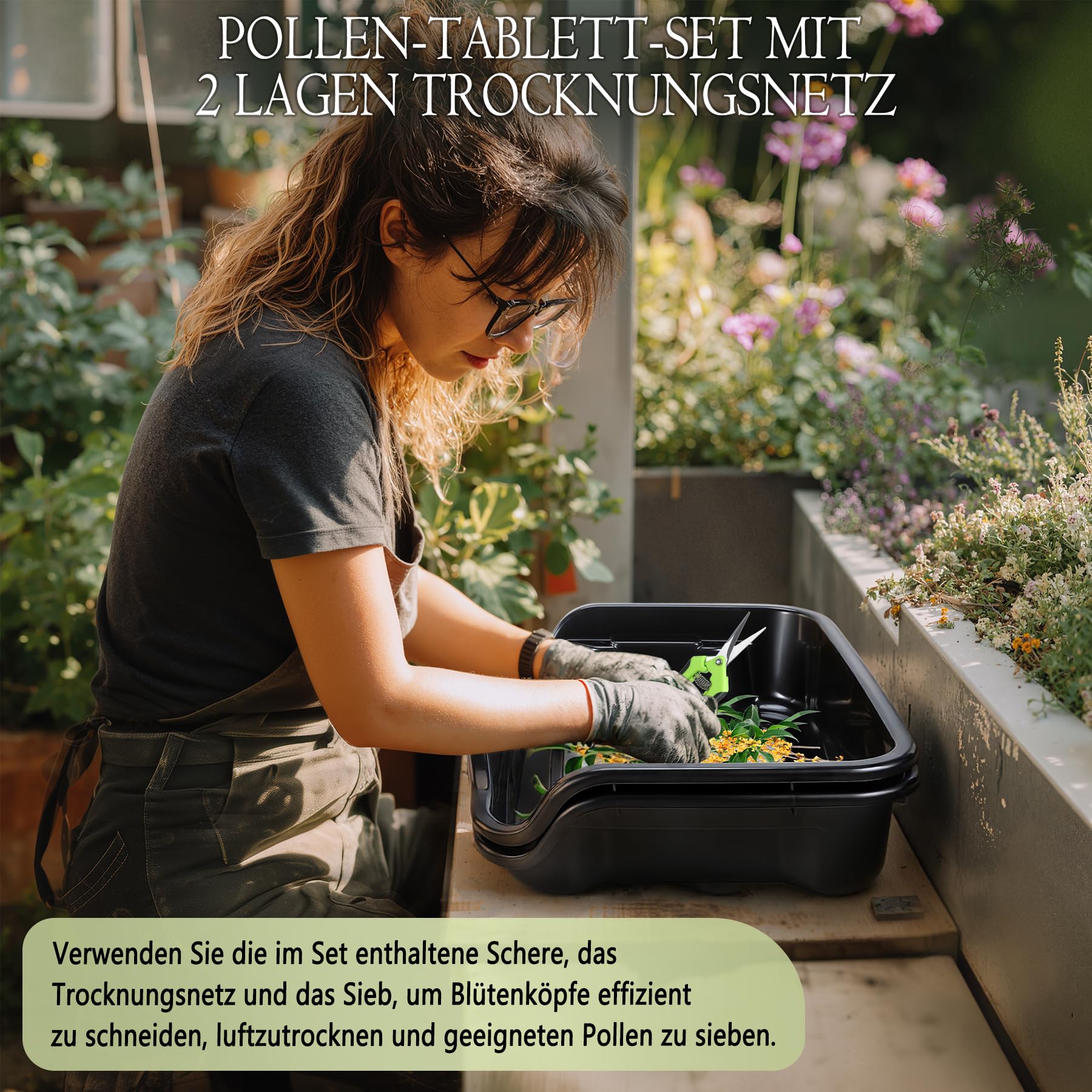 Trim Tray, Premium Trim Bin Set mit 150 Mikron Pollensieb, Ergonomische Trimm Schale, Enthält 4 Paar Scheren, 2 Antistatische Bürsten, Kartenlupe, 2 Stufiges Trockennetz, Gartenhandschuhe