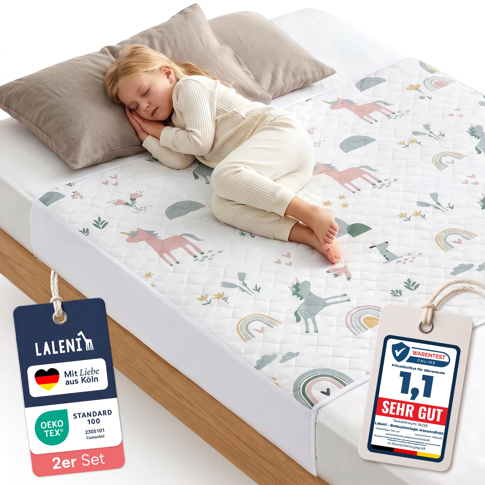 Laleni Bettunterlage wasserdicht Kinder 90x140 cm 2er Set - Oeko-TEX zert. & knisterfreie Matratzenauflage + seitliche Einstecklaschen - Kinder- und Jugendbett 140 cm Breite - Bettauflage Regenbogen