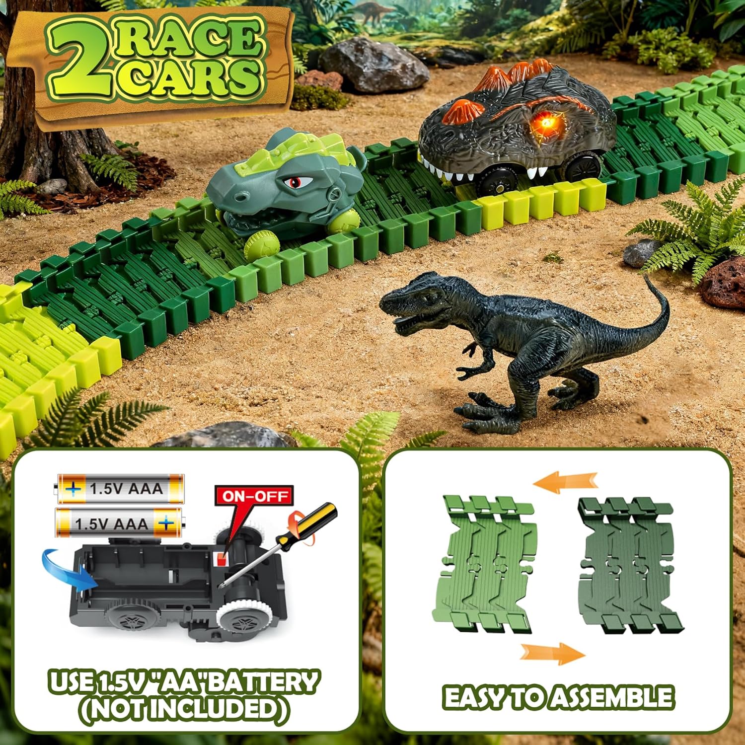 Dinosaur Toys Race Track for Kids, 272PCS Flexible Race Car Track Set with Light & Sound Dino Cars, Create a Dino World Adventure, Easter Birthday Gifts for 3 4 5 6 7 Year Old Boys