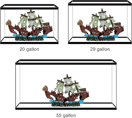UNEAK - Large Shipwreck Aquarium Decorations Ornament w/Sail (2 Pieces) 20 Gallons high and Larger Fish Tank, Sunken Ship Decoration Ornaments, Pirate Boat, Resin, Freshwater Saltwater Decor(23" x 15")