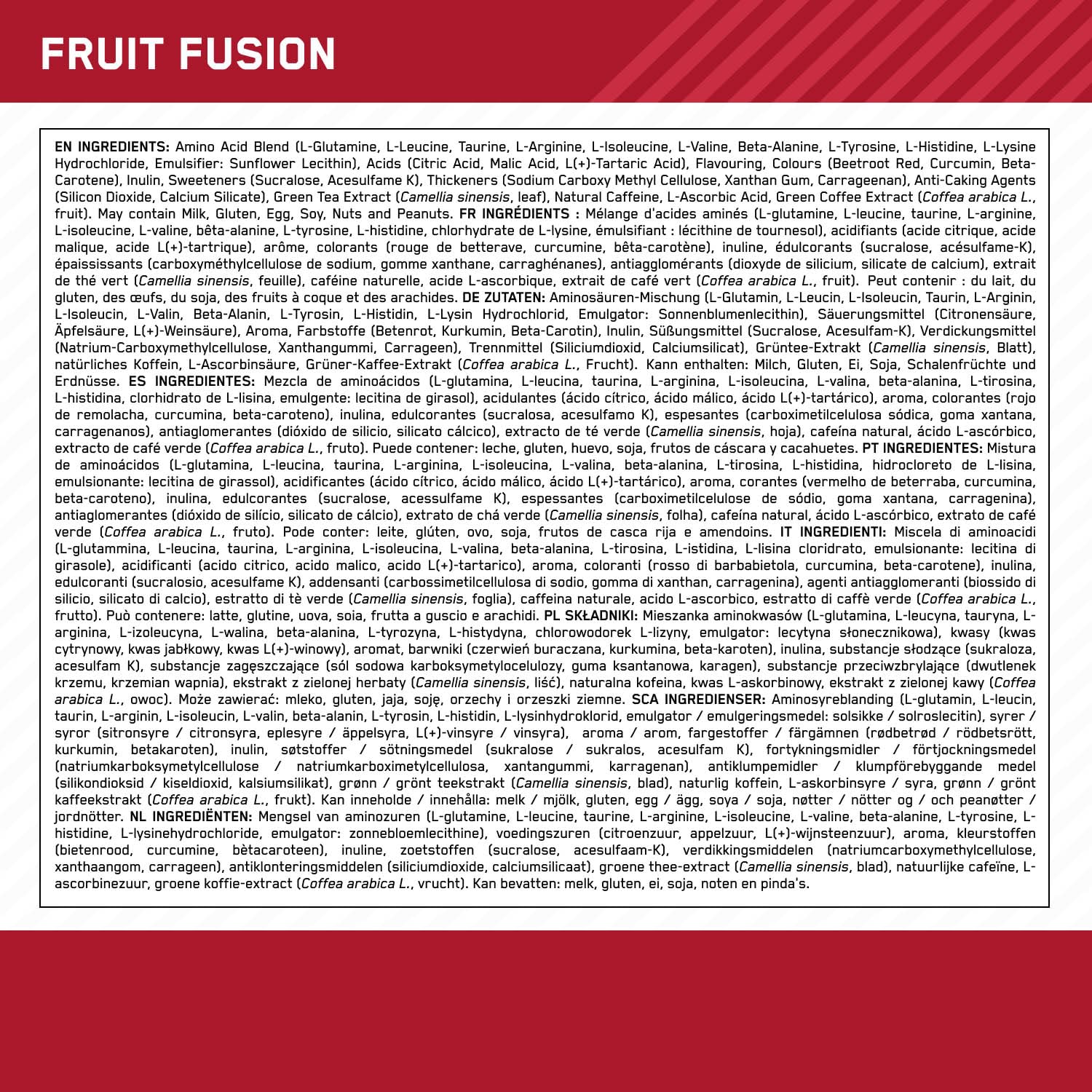 Optimum Nutrition Amino Energy Polvo Pre Entrenamiento, Bebida Energética con Aminoácidos, BCAA, L-Glutamina y L-Leucina, Complemento con Vitamina C y Cafeína, Sabor Fruit Fusion, 30 Porciones, 270 g