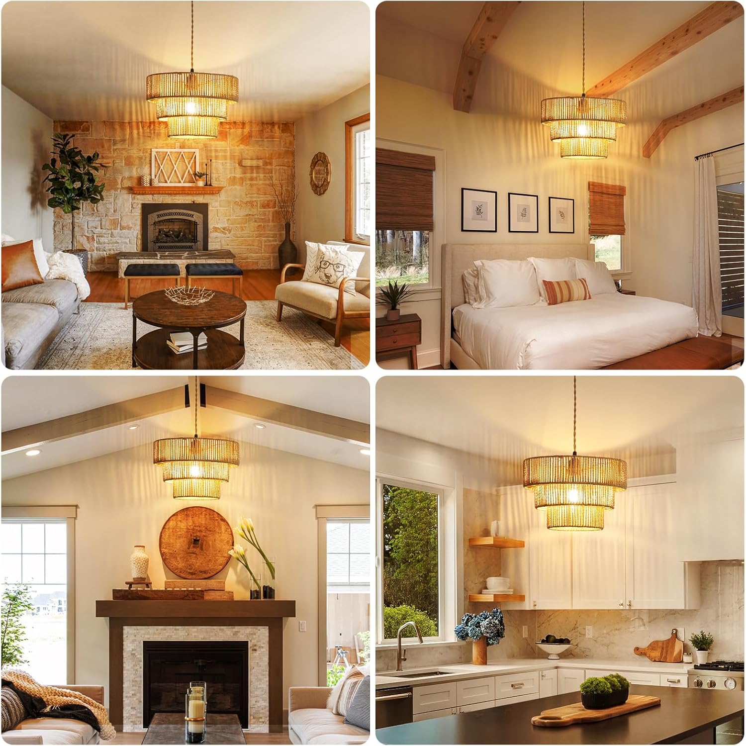 Plug-in Pendant Light Bohemian-Style Rattan Adjustable Dimmer Bamboo Wicker Lampshade Ceiling Fixture Plug-in Power Cord, Suitable for Living Rooms, bedrooms, and Kitchens