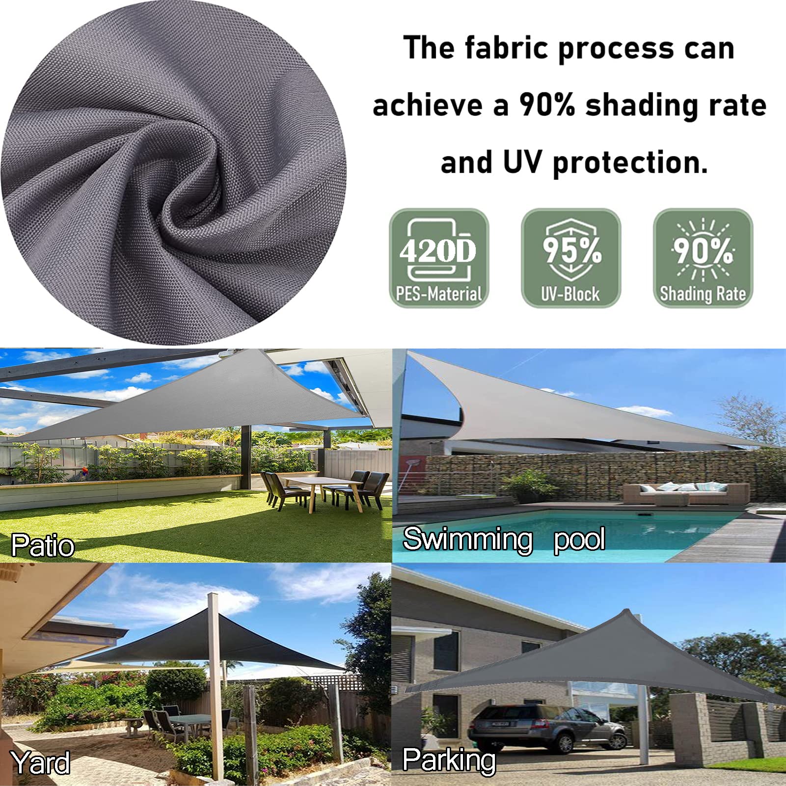 ZHANGY Sonnensegel Wasserdicht Dreieckig Terrasse Schattensegel 4.5x4.5x4.5m/15x15x15ft, Wasserabweisend Sonnenschutz Windschutz Multifunktional Atmungsaktiv Sonnensegel Anti UV, für Garten