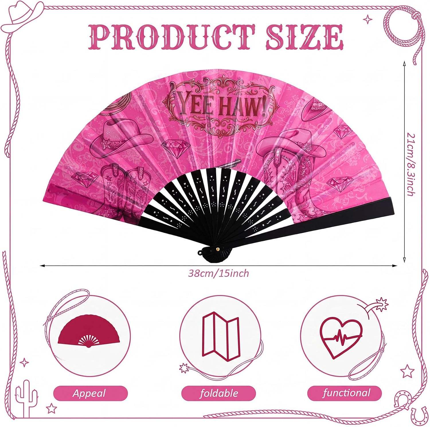 Qunclay 24 Pcs Pink Cowgirl Folding Fans Western Hand Fans for Party Favors