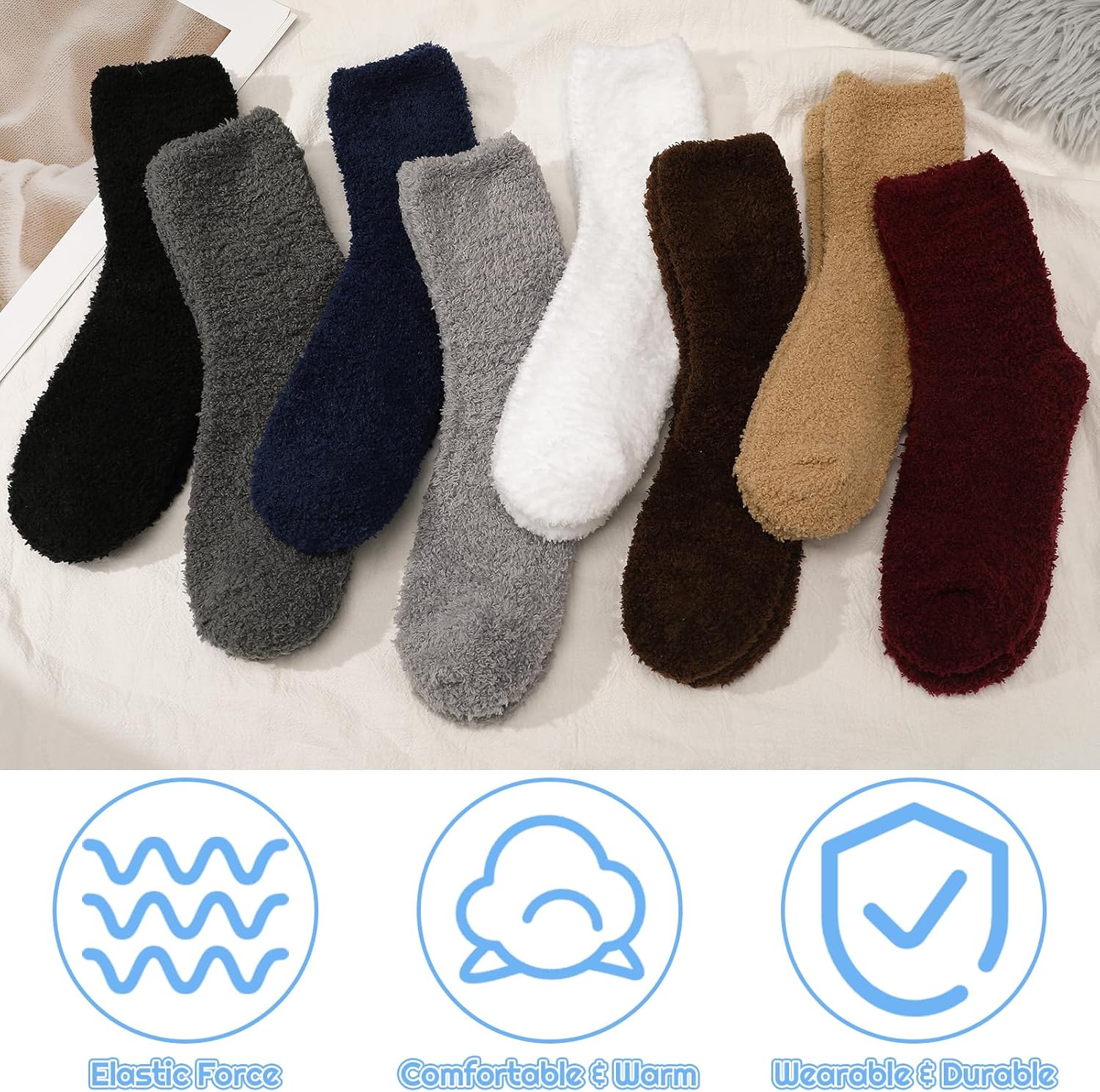 Jspupifip Fluffy Socks for Women 8 Pairs Soft Home Slipper Winter Fluffy Sleeping Christmas Socks White, Khaki, Black, Coffee, Light Gray, Dark Gray, Red, Blue - Image 5