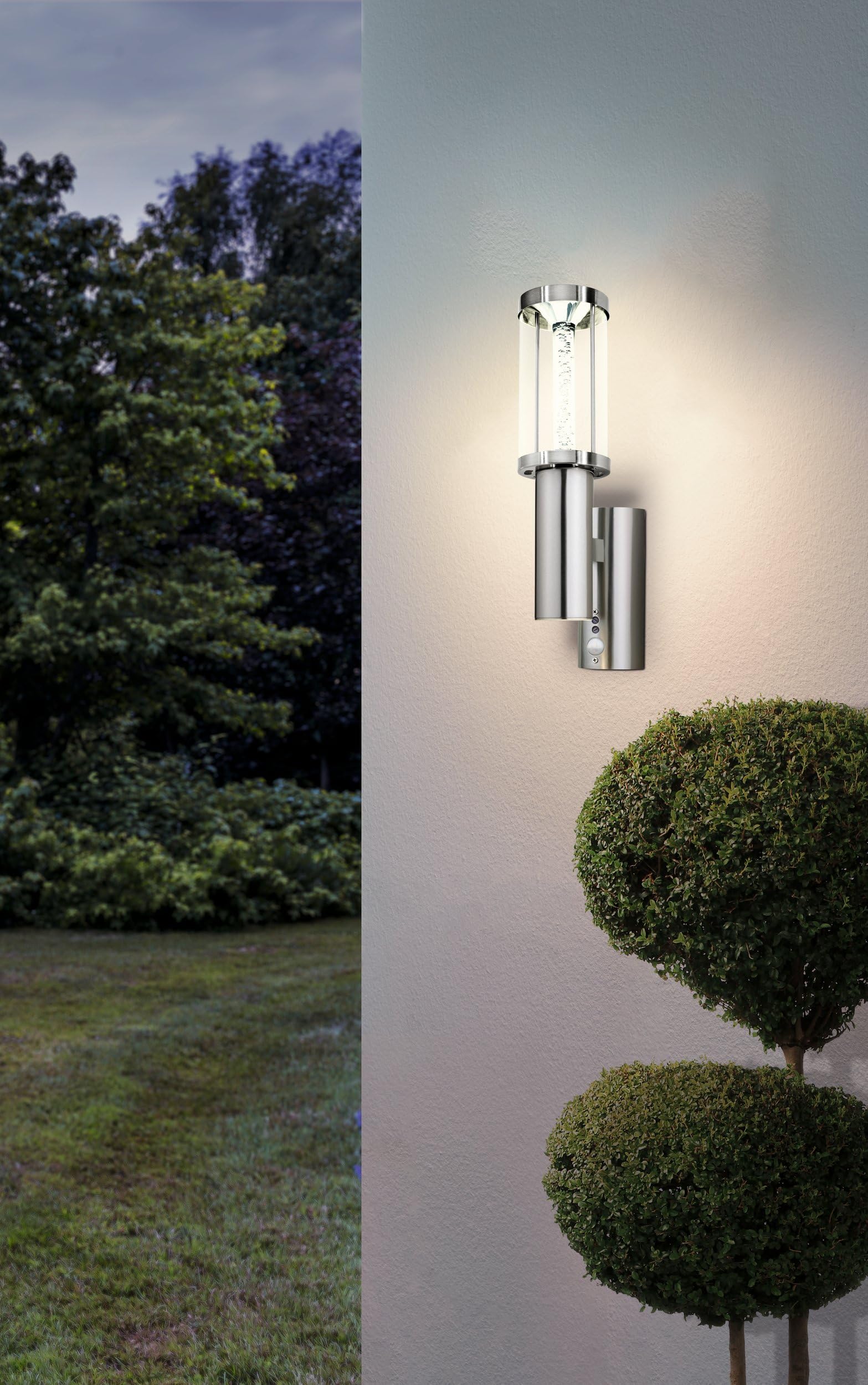 EGLO LED Außen-Wandlampe Trono Stick 2 flammige | Außenleuchte inkl. Bewegungsmelder, Sensor-Wandleuchte aus Edelstahl, Glas und Kunststoff, Silber, GU10 Fassung, IP44