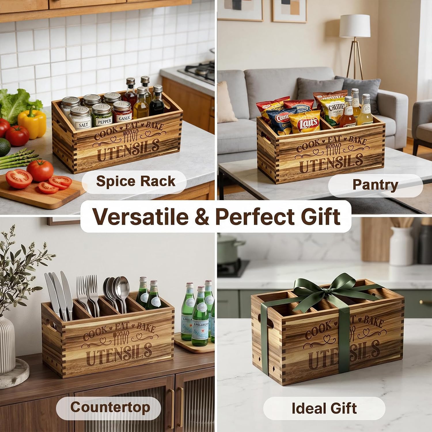 Wooden Cooking Utensil Holder Crock for Kitchen Countertop,Large 4 Compart