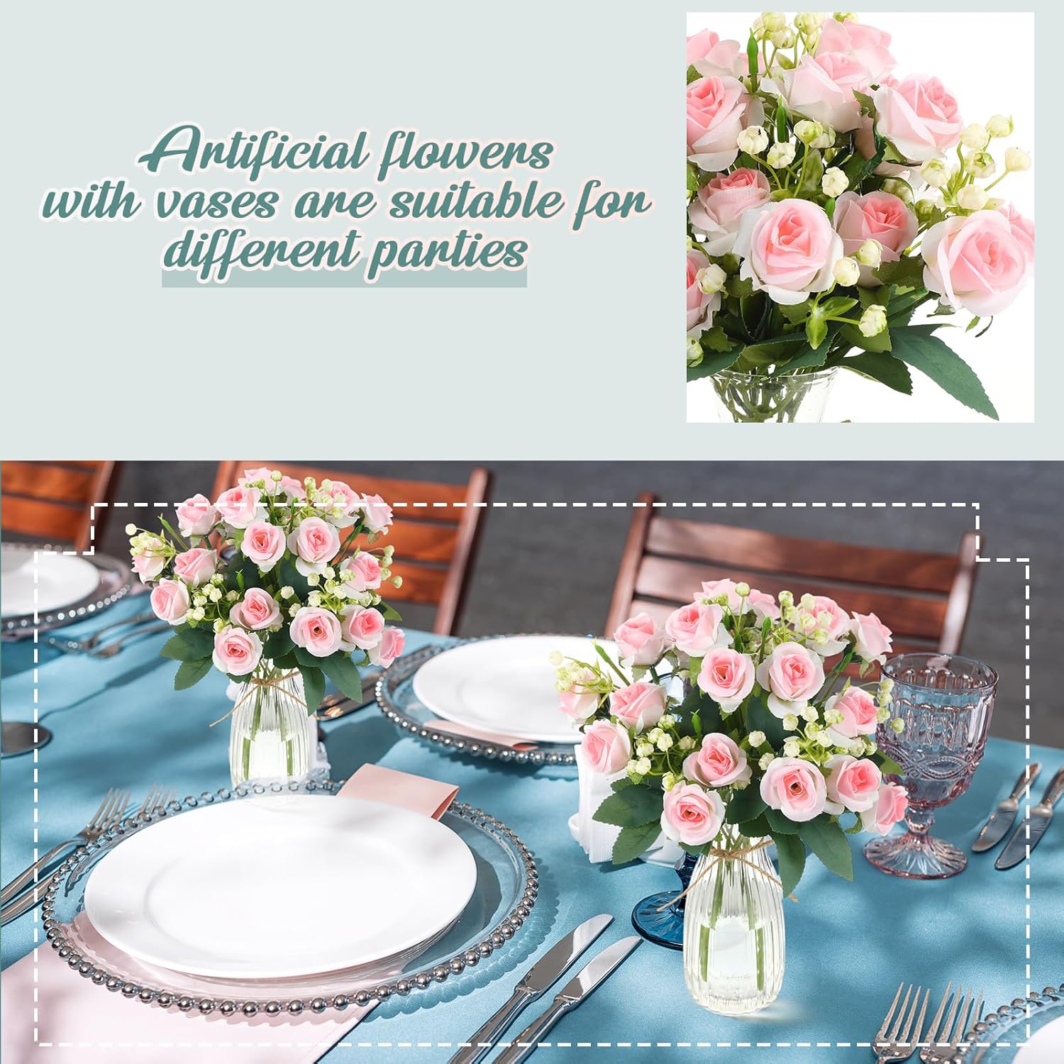 Zeyune 31 Pcs Rose Artificial Flowers with Vase Bulk for Table Centerpiece, 20 Bundles Fake Silk Roses 10 Plastic Clear Vase with 1 Pcs Rope Arrangement Decoration Wedding Home Party(Pink)