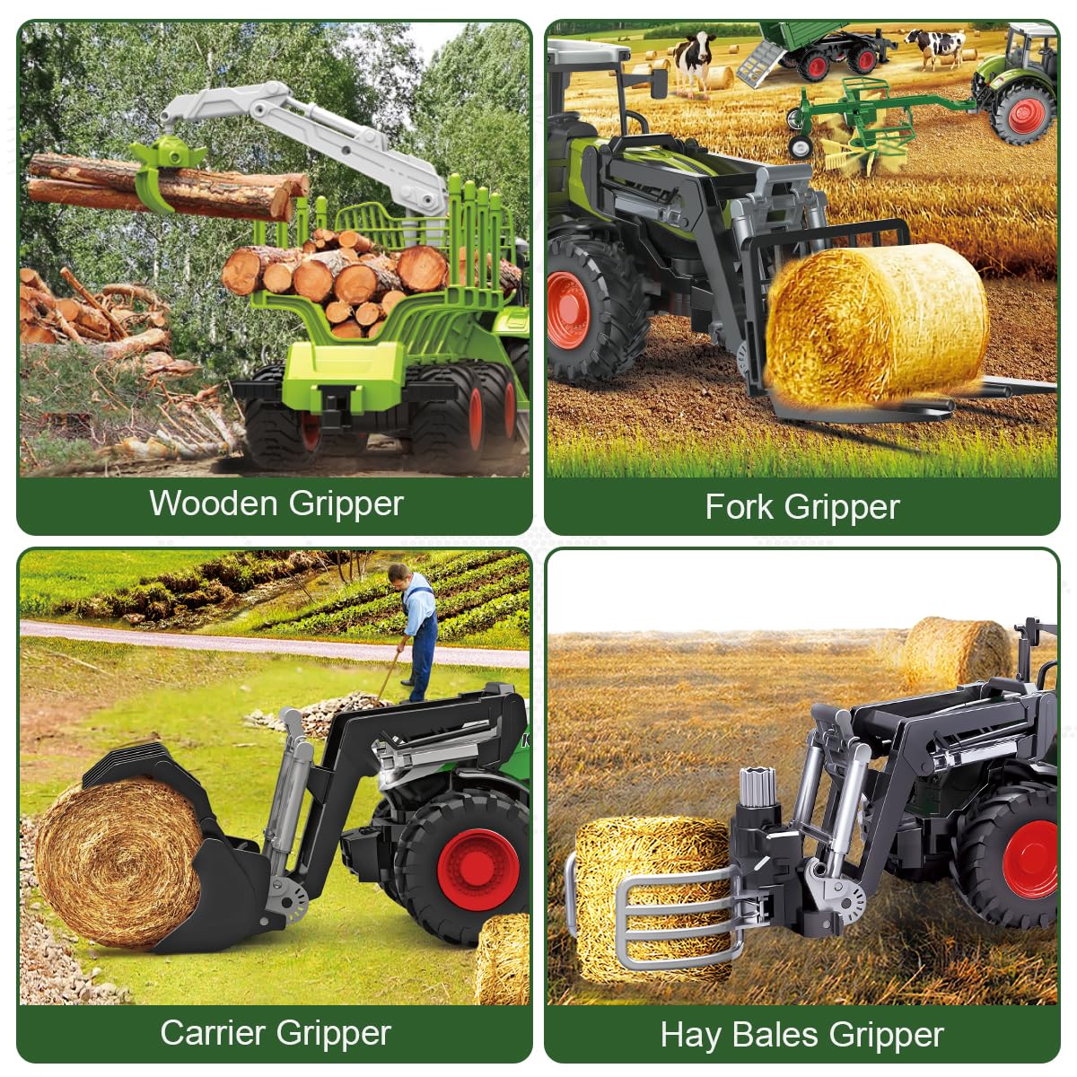 fisca Ensemble de Tracteur télécommandé, Comprenant Un Tracteur, Une Benne en Bois, Un Bras de Benne, Un Chariot élévateur et Un Bras de Chargement, adapté aux Enfants âgés de 5 Ans et Plus.