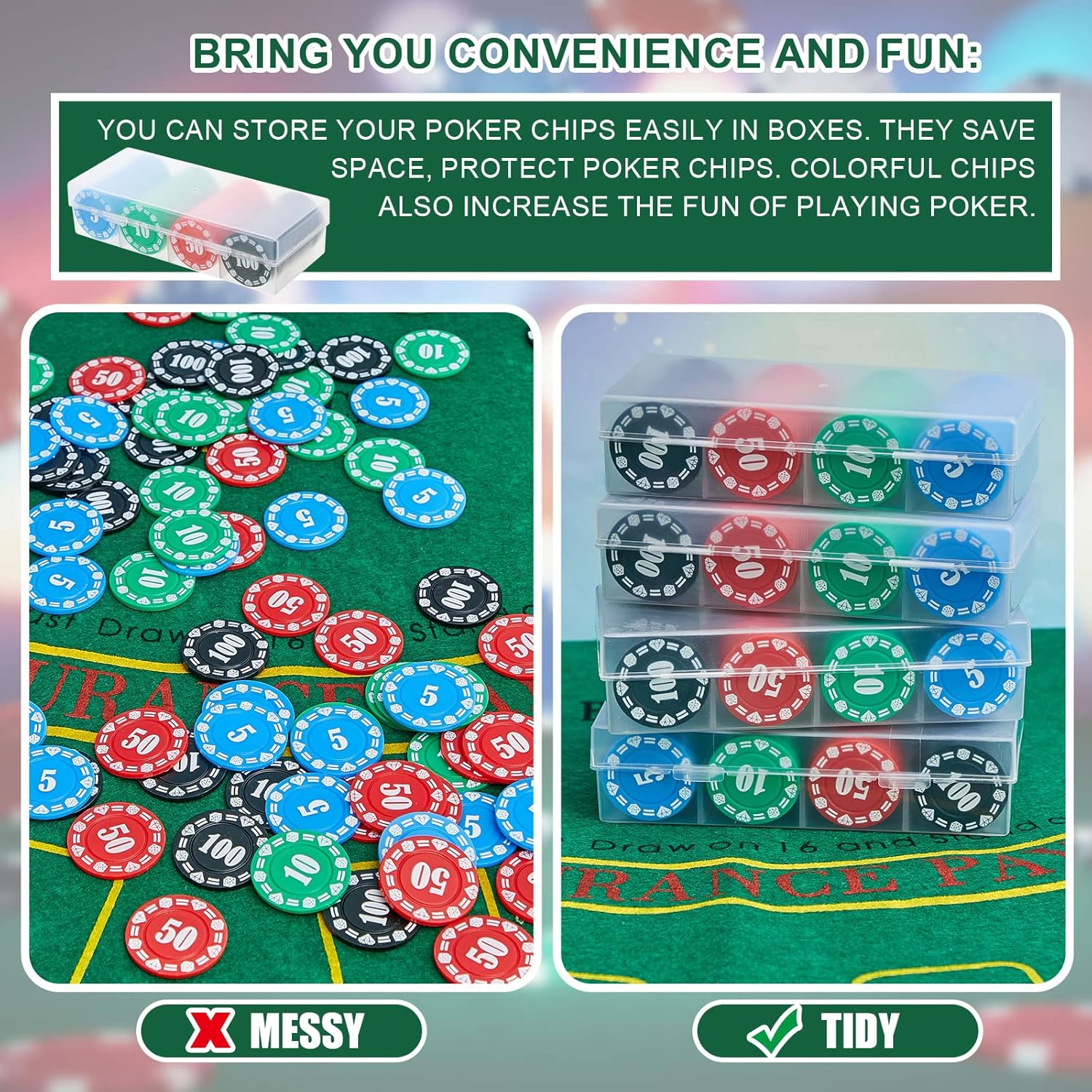 Lewtemi Poker Chips with Denominations Set Plastic Counters Casino Chips with Poker Holder Storage Box for Texas Home Game Nights Holdem Blackjack or Roulette Casino