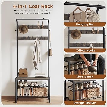 NEWBULIG Coat Rack, Hall Tree with Shoe Bench, 4-in-1 Entryway Organizer with 10 Hooks and Storage Shelf, Rustic Wood Entryway Bench for Mudroom, Living Room, Bedroom, Grey