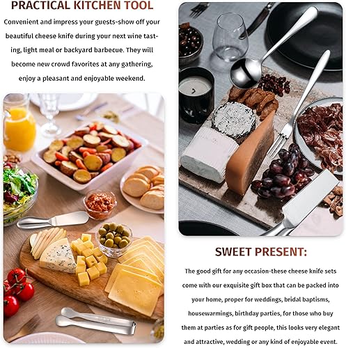 Miniatura 10 de Patelai Juego de cuchillos esparcidores de mantequilla de queso, cuchillo rebanador de queso, hoja de acero inoxidable con asas, mini pinzas para