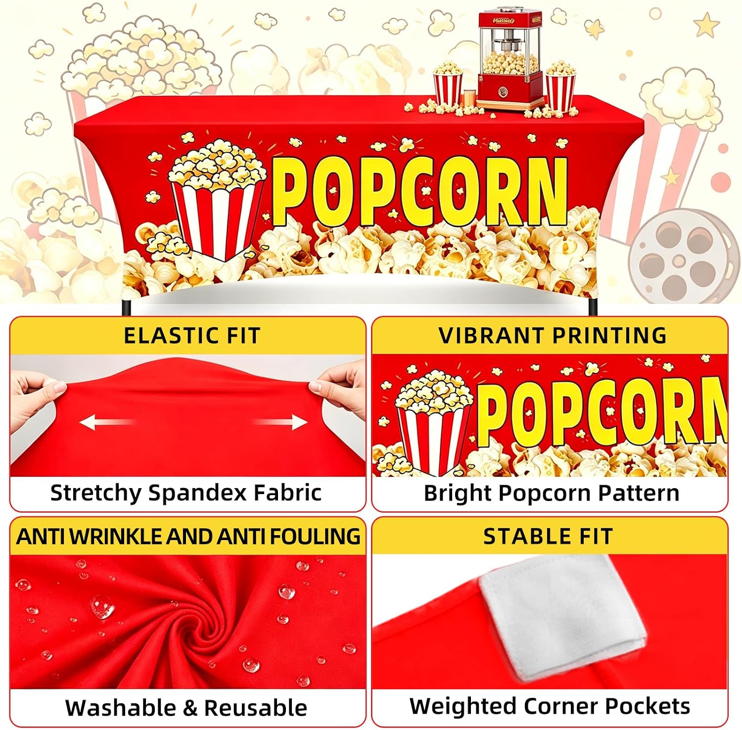 6FT Popcorn Concession Stand Tablecloth Stretchy Spandex Fitted Cover for Carnival Movie Night Party Supplies & Vendor Booth Decorations