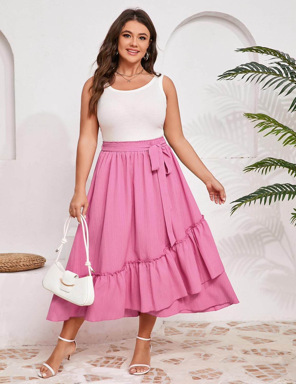 Women's Summer High Waist Skirt Boho Tie Knot Maxi Skirt for Women Casual Beach Ruffled Swing A line Skirts Plus Size - Image 2