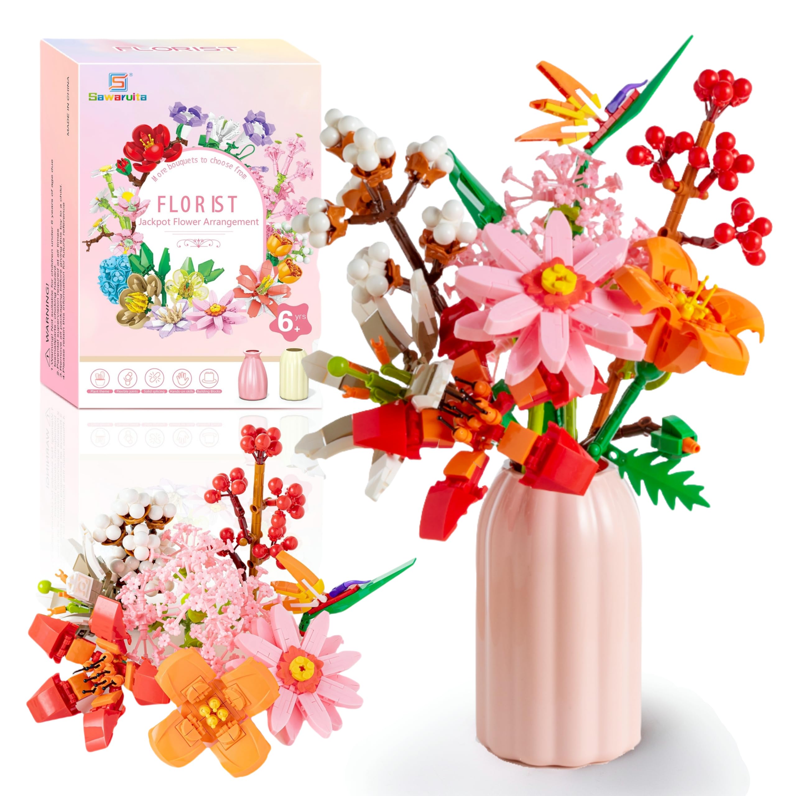 Sawaruita Flowers Bouquet Botanical Building Blocks for Adult -Botanical Collection Wildflower Bouquet with Vase -Plants Block Toy for Home&Office Decor,Gift for Valentine's Day,Mother's Day,Birthday