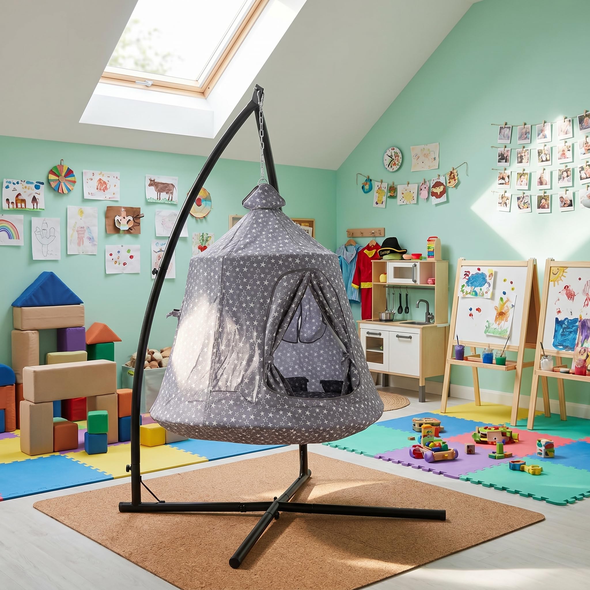 MAMIZO Hängesessel mit Gestell Outdoor&Indoor,150kg Hängehöhle,213×112×112cm Hängematte,Hänge Spielzelt,Schaukel Garten,Camping Hängezelt,int LED-Leuchten,mit aufblasbarem Kissen