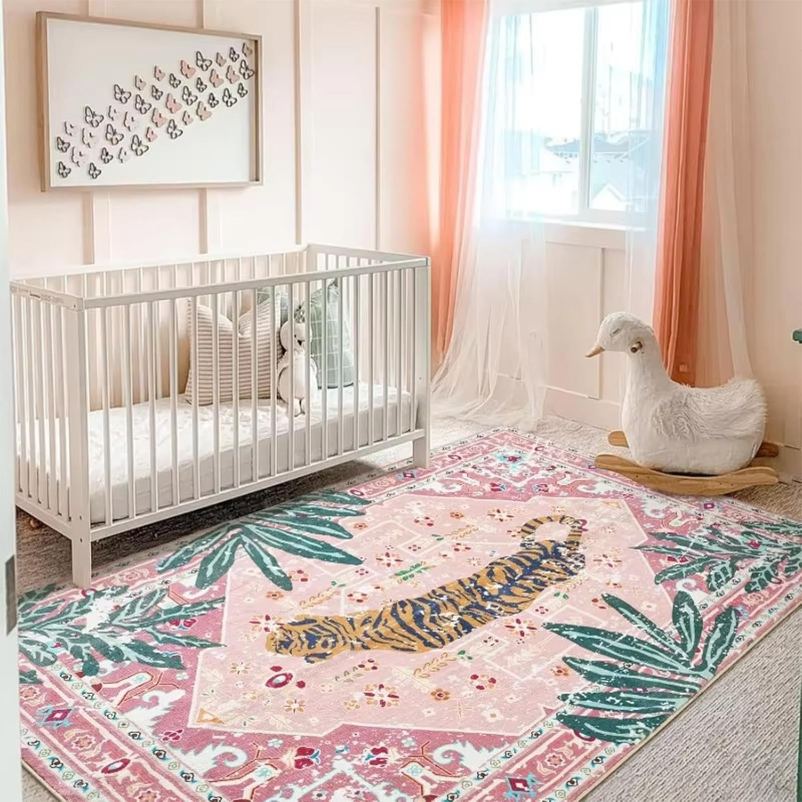 Tapis bohème 180 x 280 cm - Joli tigre rose - Tapis d'intérieur en fausse laine - Antidérapant et lavable - Tapis de sol à poils courts pour chambre d'enfant, chambre à coucher, salle de bain