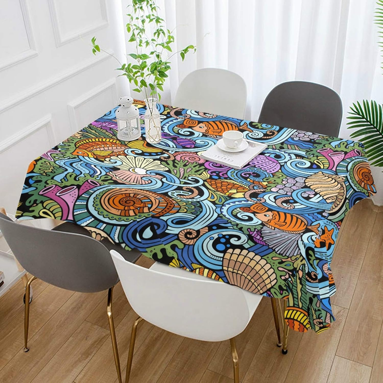 Starfish Shell Tablecloth 54x54 Square Table Cloth,Polyester Washable Wrinkle Free Dinner Tablecloth Decorative Table Top Cover for Kitchen Dining Room Table