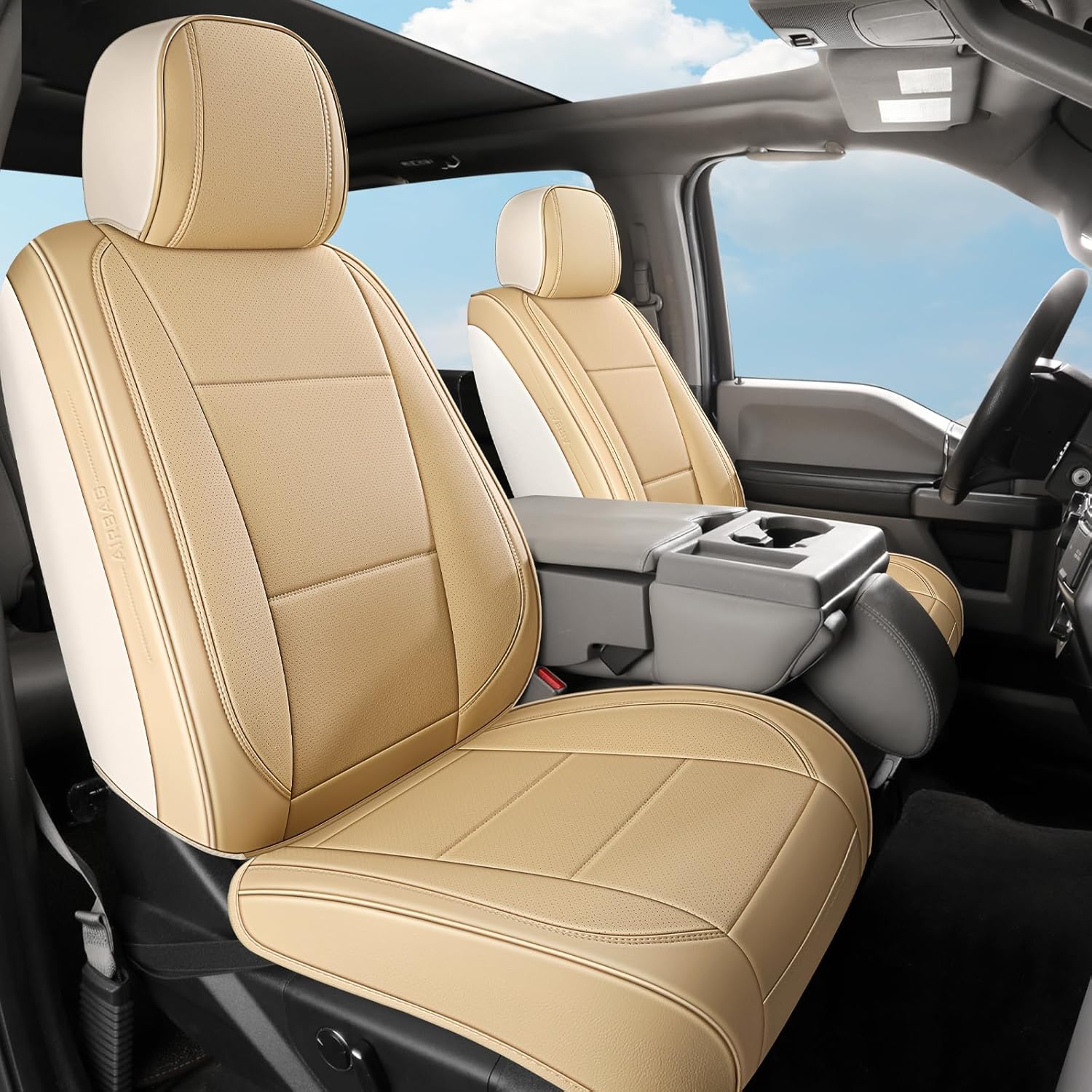 Ford F150 Car Seat Covers Full Set, Waterproof Faux Leather Seat Protectors Custom Fit 2009-2026 F150 & 2017-2026 F250 F350 F450, Compatible with Regular Cab Super Crew Cab Truck (Beige)