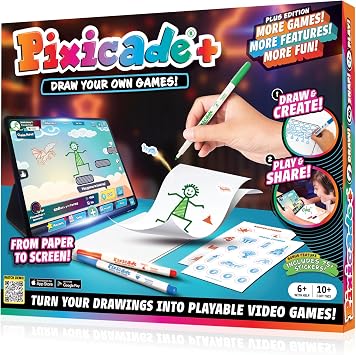 Abacus Brands Pixicade+ Draw Your Own Video Game Maker, Kids Gift Ages 6+ | 13 Types From Platformer to Pinball, 108-Page Book, 100+ Sample Games, 75+ Stickers, Item Powerups, No Coding, Companion App