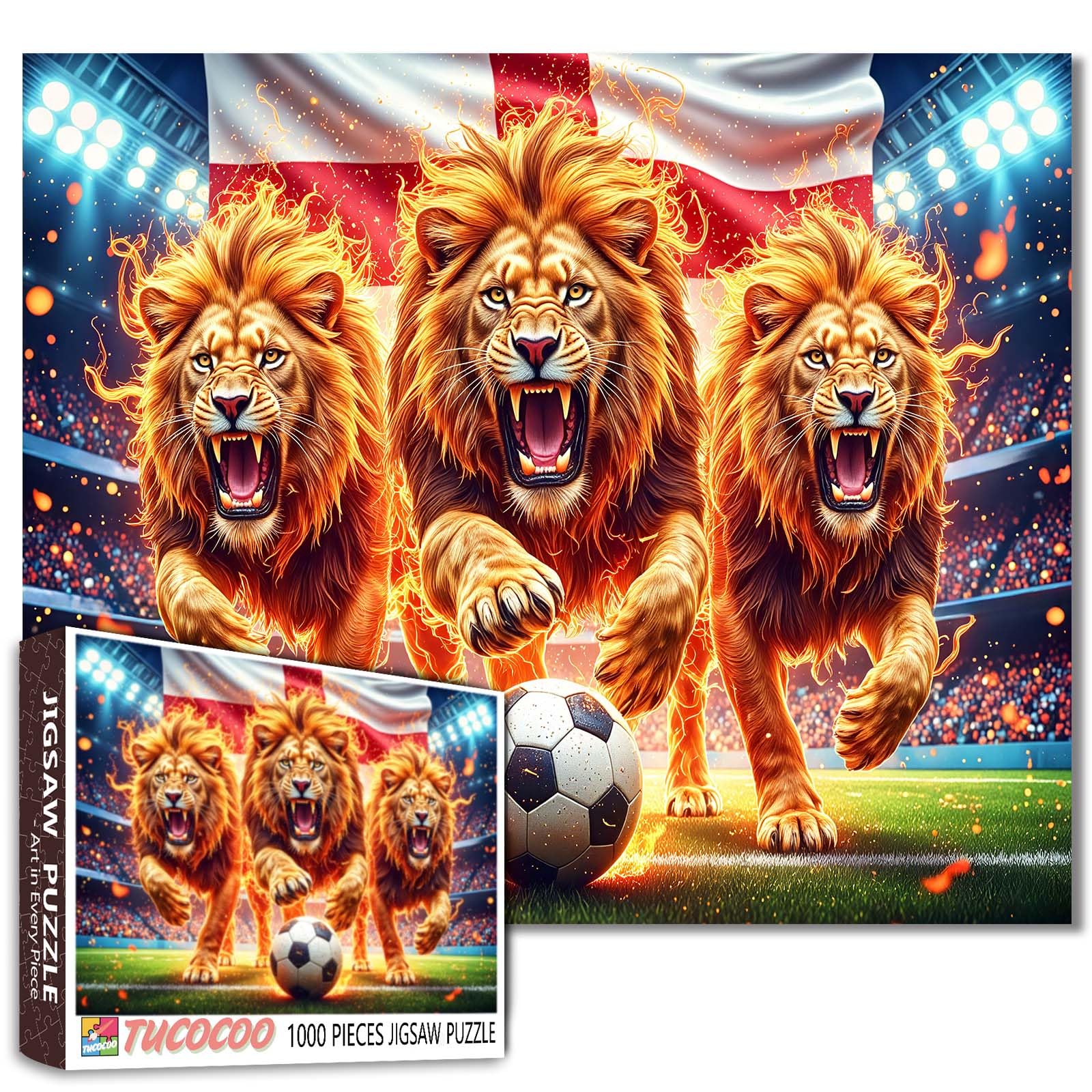 Soccer Ball Sport 1000 Pieces England Flag Puzzles for Adults Lion Jigsaw Puzzle for Challenging Family Activity Game Sports Lovers Art Jigsaw Puzzles 27×20 Inches — image 1