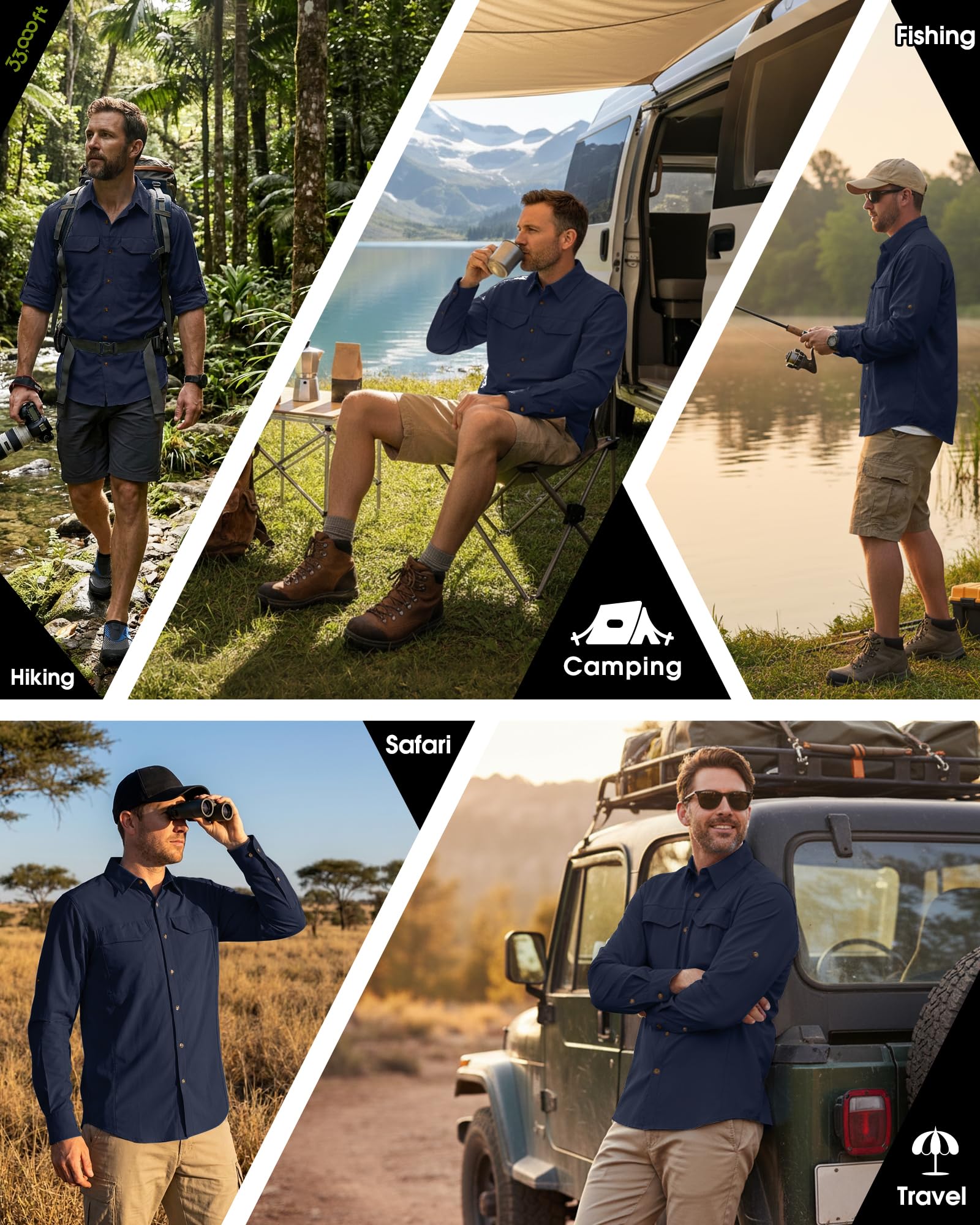 33,000ft Chemise de pêche à manches longues pour homme, protection solaire UPF 50+, à séchage rapide, légère, pour voyage, safari, plein air, vert, XX-Large