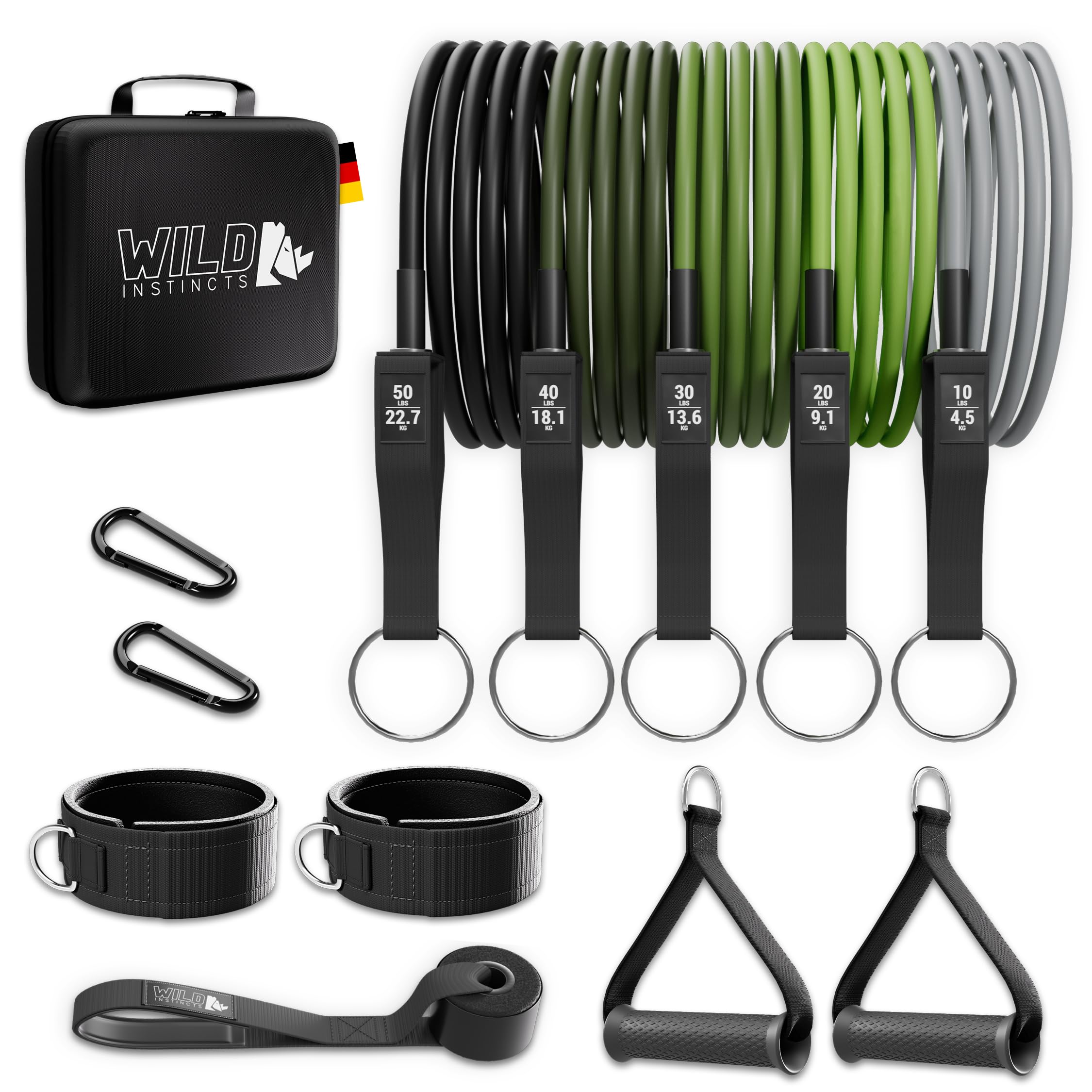 Wild Instincts® Resistance band Set/Elastici con Maniglie per l'allenamento a Casa/Bande Elastiche Fitness/Fasce Elastiche Fitness/Accessori Palestra/Bande di Resistenza Fitness