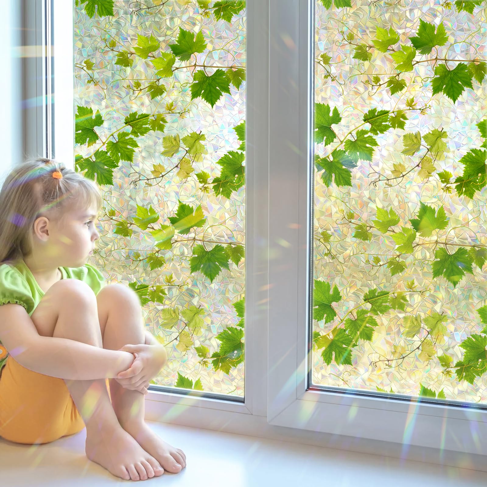 Tanlaby Pellicola per Finestre Arcobaleno Piante Foglie Adesivi per Finestre Autoadesive Pellicola Privacy Statici Anti-Collisione Finestra Vetro Porte Decalcomanie, 40x200cm