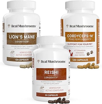 Real Mushrooms Brain, Vitality & Immune Support Bundle - Lions Mane Cognition Capsules 120 Capsules  Reishi 415 Longevity Capsules 90 Capsules & Cordyceps-M Peak Performance 120 Capsules
