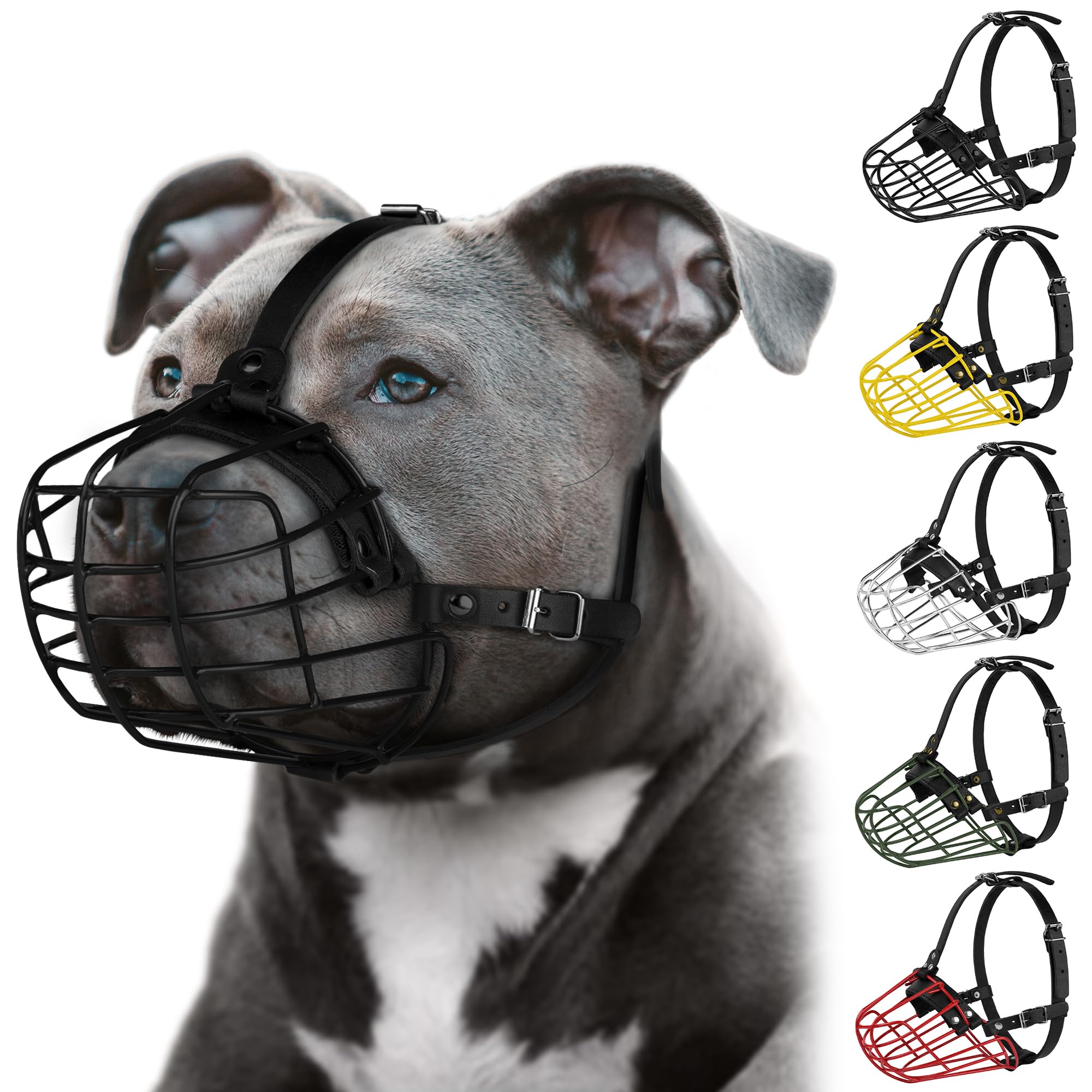 Pitbull Maulkorb für Hunde, Metallmaske, Amstaff sicherer Drahtkorb, verstellbar, langlebig, Lederriemen für große Hunde, Schwarz