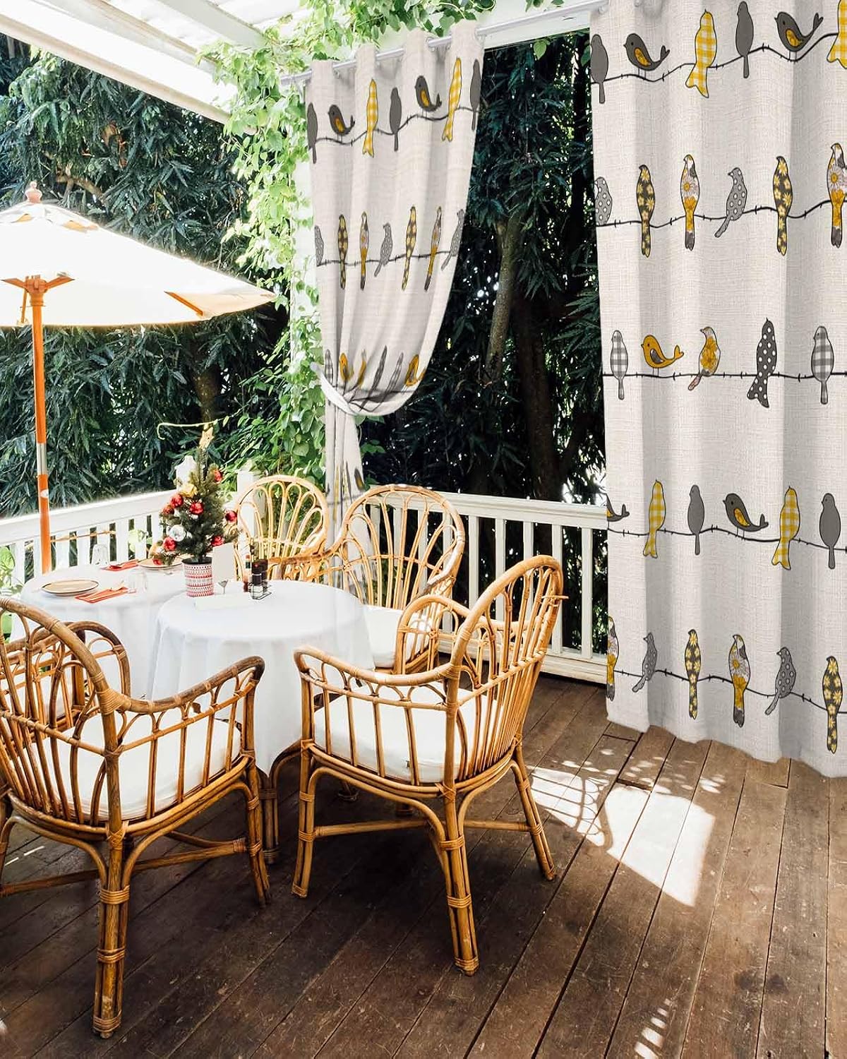Outdoor Curtains for Patio 1 Panel Birds on the Wire Yellow Grey Orange Burlap Background Waterproof Privacy Outside Curtain Sun Blocking Grommet Drapes for Porch Gazebo Pergolas Balcony 52x95 Inch