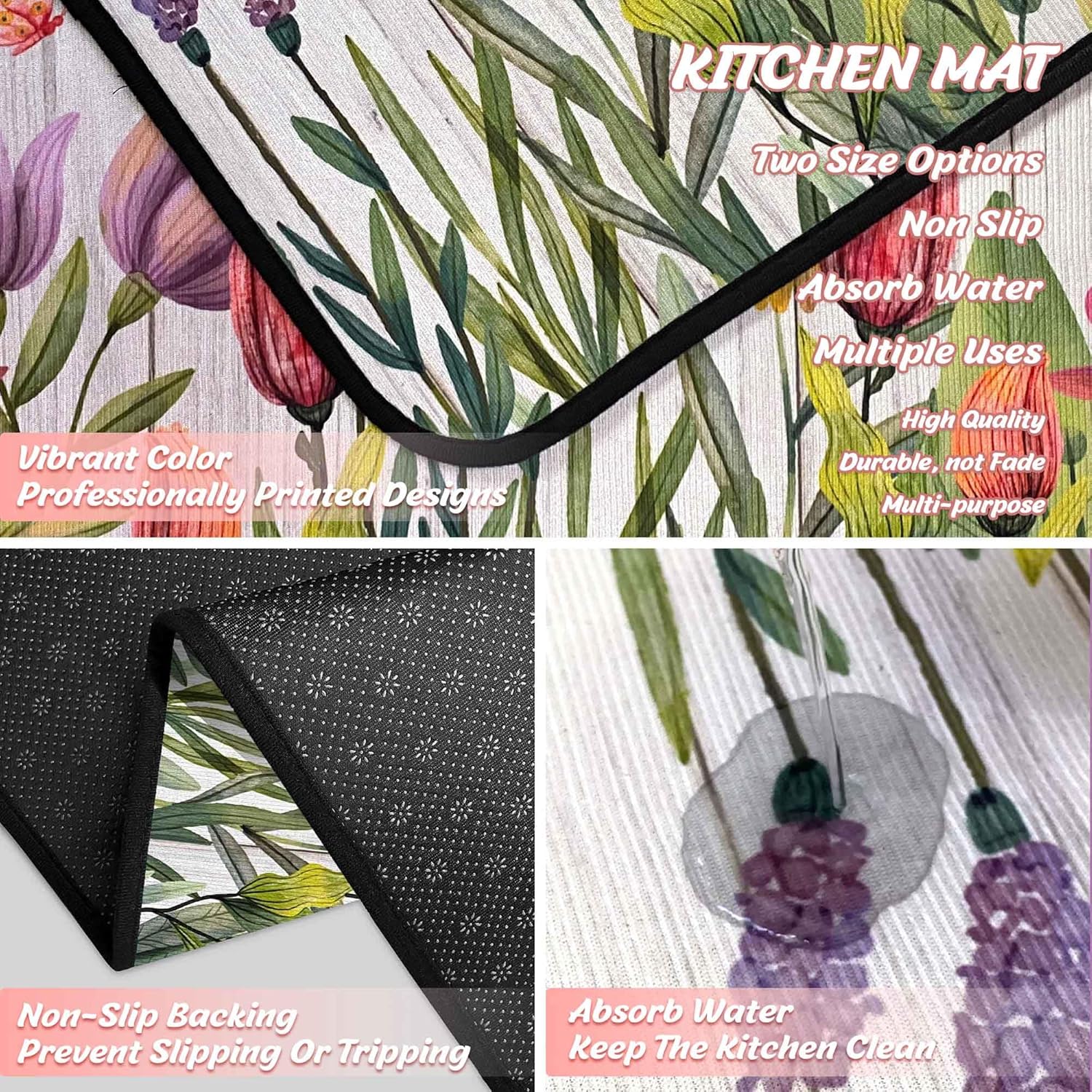 Spring Kitchen Rugs Set of 2, Spring Decorations Non Slip Backing Spring Kitchen Mats for Floor Holiday Rug Spring Decor for Home Party Gifts (Welcome 2, 17"x47.2"+17"x30")